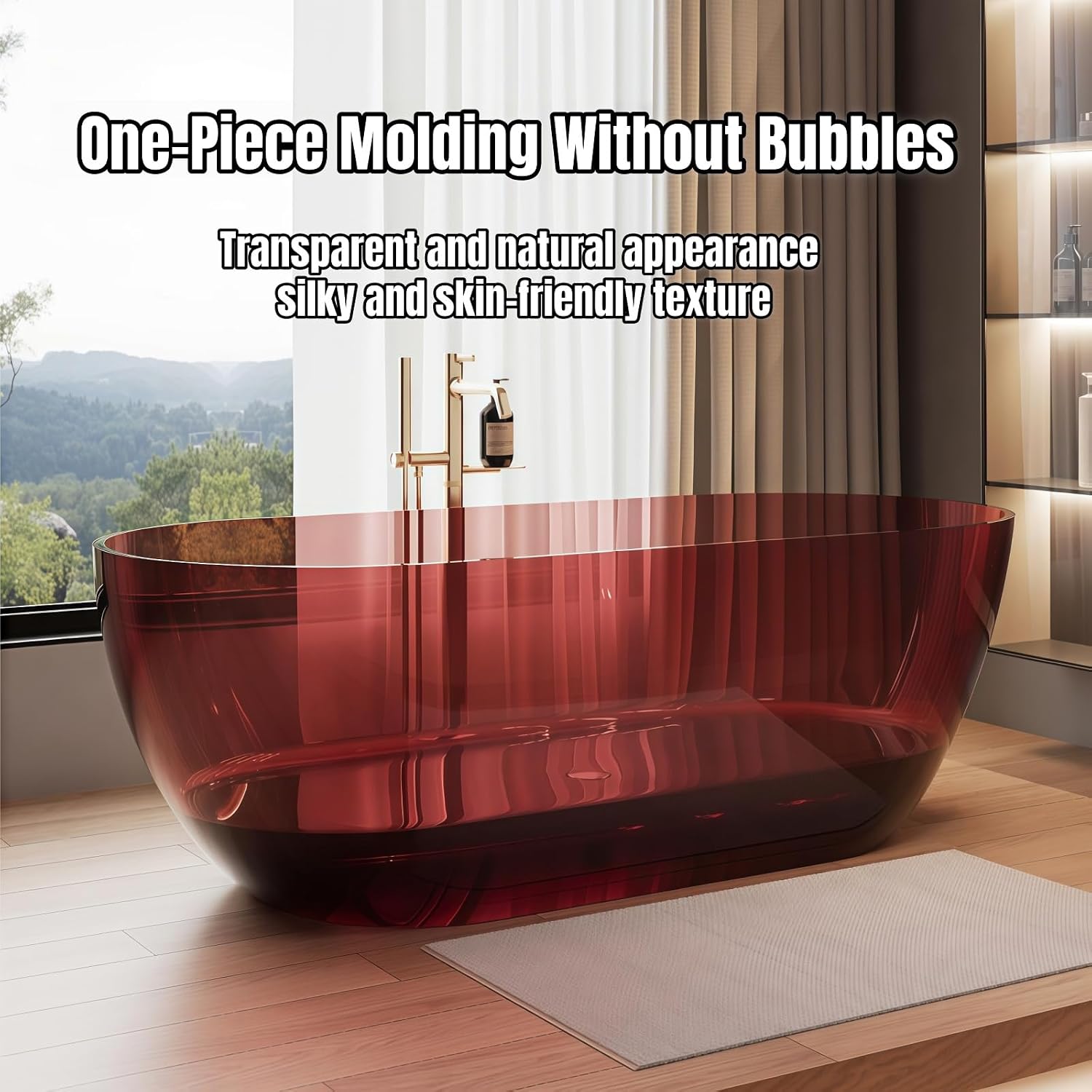59' Edeyeu Freestanding Bathtub - Extra Deep Soaking Tub With Ergonomic Design, Luxury Solid Surface Bathtub For Home Spa Relaxation, Durable One-Piece Stand Alone Tub Red