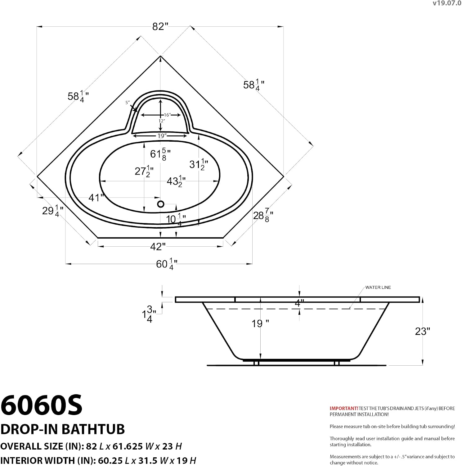 ANZZI 62' x 82' Soaker Corner Drop-In Bathtub - White - Rana AZ6060SS