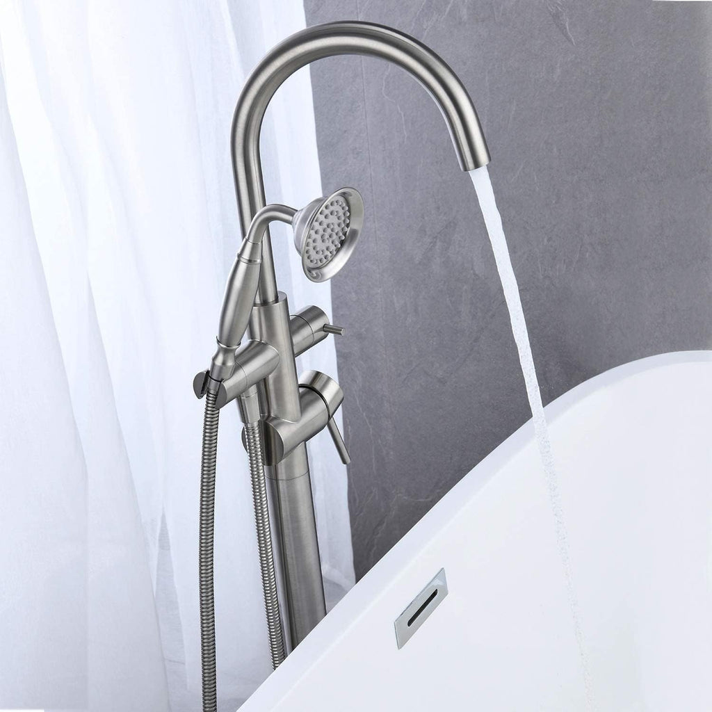 Gecheer Freestanding Tub Filler Faucet with Handheld Shower, Brushed Nickel Floor-Mount Bathtub Faucet, 360° Gooseneck Spout, 6 GPM Flow Rate, Includes 59' Stainless Steel Hose
