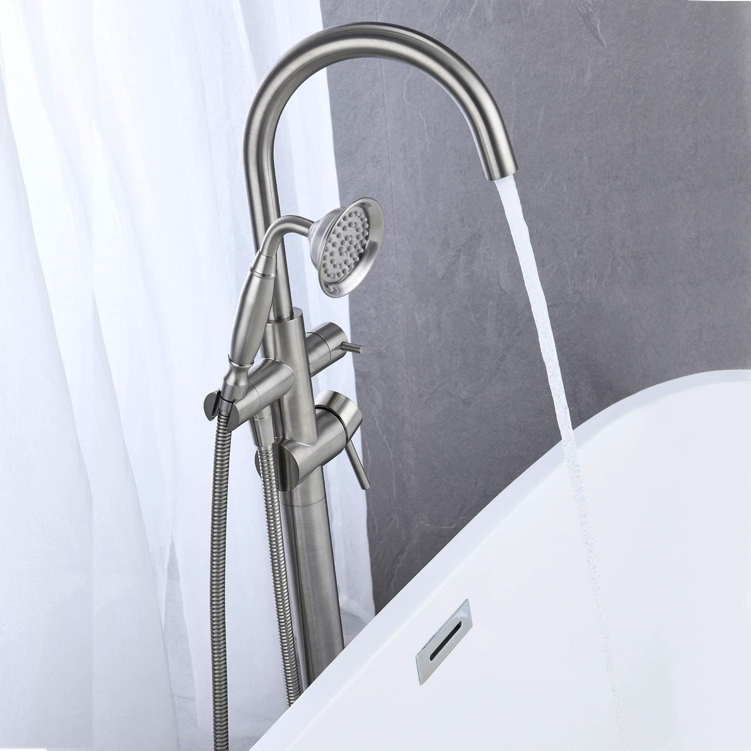 Gecheer Freestanding Tub Filler Faucet with Handheld Shower, Brushed Nickel Floor-Mount Bathtub Faucet, 360° Gooseneck Spout, 6 GPM Flow Rate, Includes 59' Stainless Steel Hose