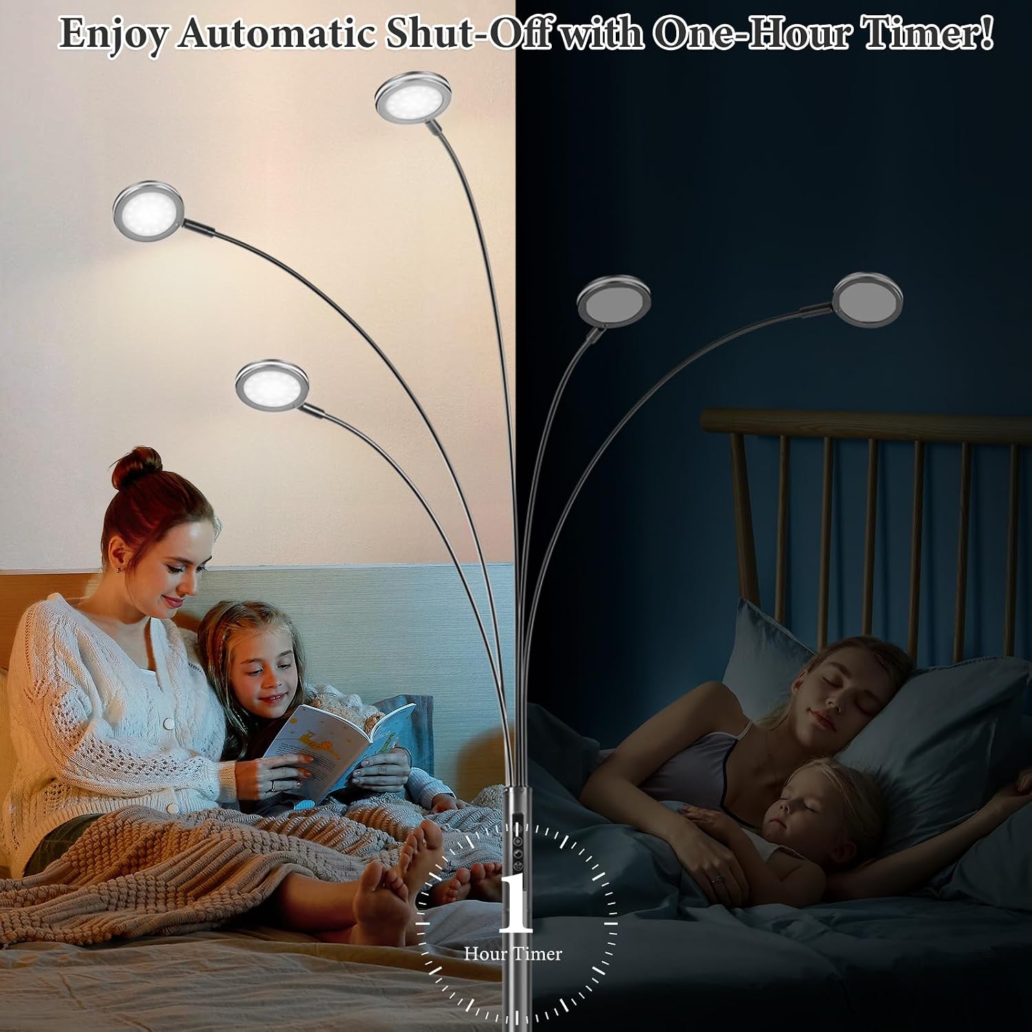 LED Arc Floor Lamp with Remote, 2250LM Dimmable Black Chrome Floor Lamp with Timer, Adjustable Colors, Brightness & 5 Adjustable Arms, Multi-Head Tall Tree Standing Lamp for Living Room Bedroom Office