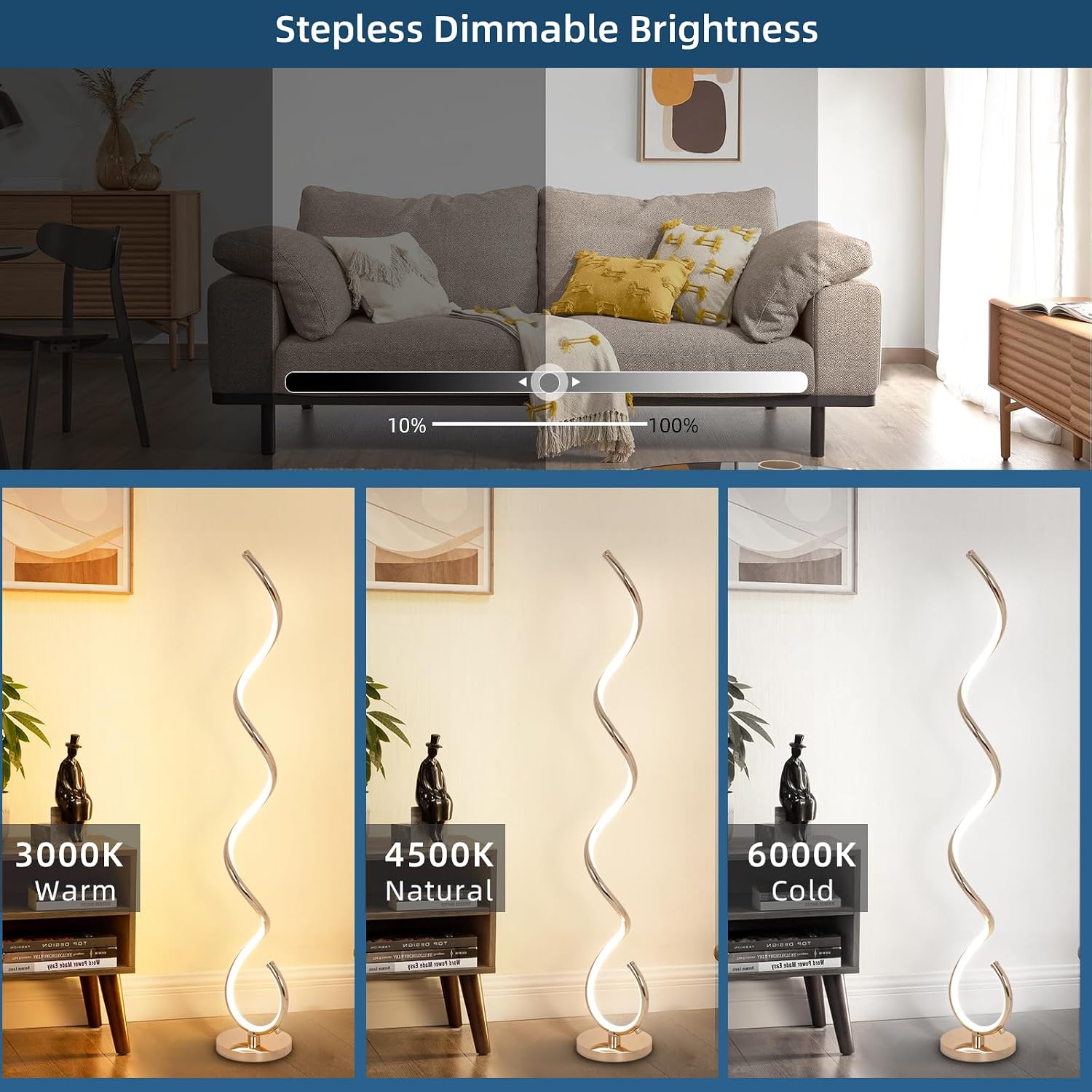 EIDISUNY Modern Spiral Floor Lamp for Living Room, Bedroom & Office - 3 Color Temperature LED with Remote & Foot Switch, Dimmable 48W (Gold)