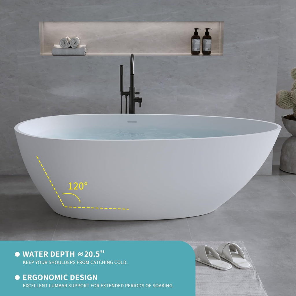 59' Freestanding Bathtub, Solid Surface Resin Stone Bathtub, Soaking Tub for Bathroom, Stand Alone Tub, Integrated Overflow and Drain, Matte White Oval