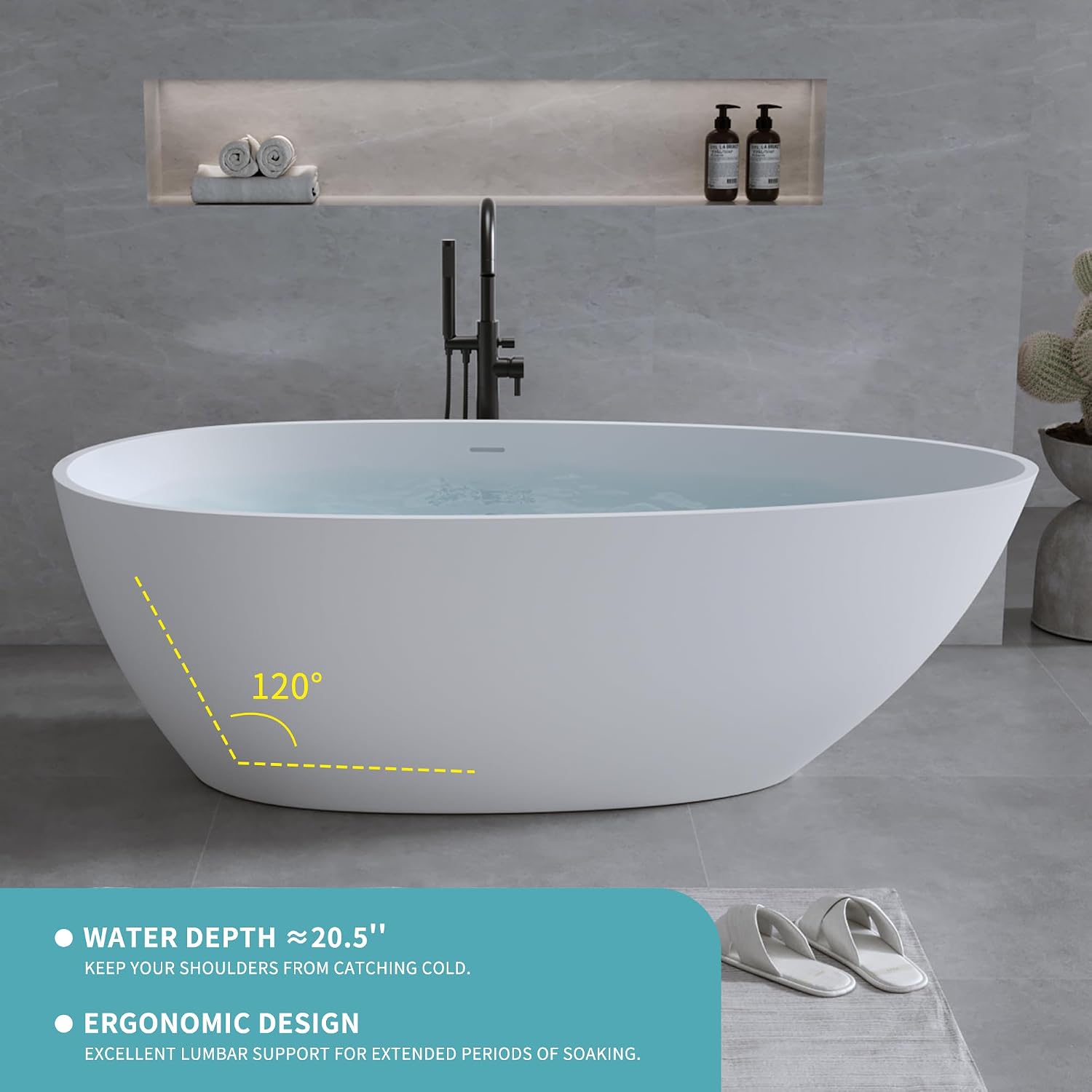 59'' Solid Surface Matte Tub, Solid Surface Soaking Tub, Stone Resin Freestanding Bathtub, Thick Edge Stand Alone Tubs with Overflow, Pop-up Drain, Matte White