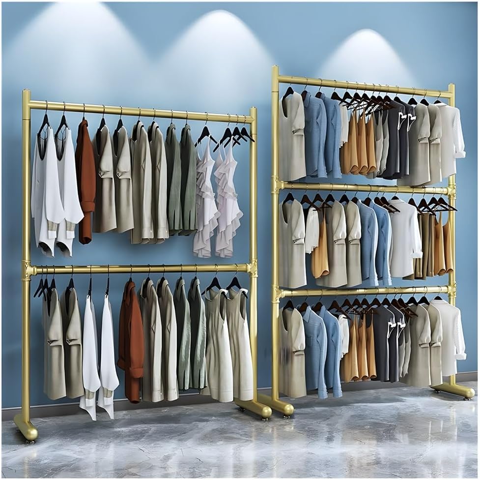 Floor-Standing Clothing Display Hanger, Industrial Pipe Garment Rack, Heavy Duty Metal Clothes Organizer, for Hanging Clothes Boutiques (Gold 80x40x180 cm)