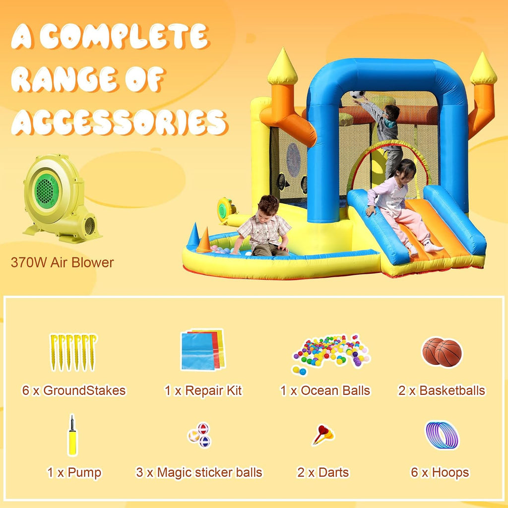 Inflatable Bounce House for Kids Ages 3-8,9.35FT Bouncy House for Kids with Jumping Area, Basketball Hoop, 370W Air Blower, Mini Bounce House for Boys Girls Backyard Birthday Party Gifts