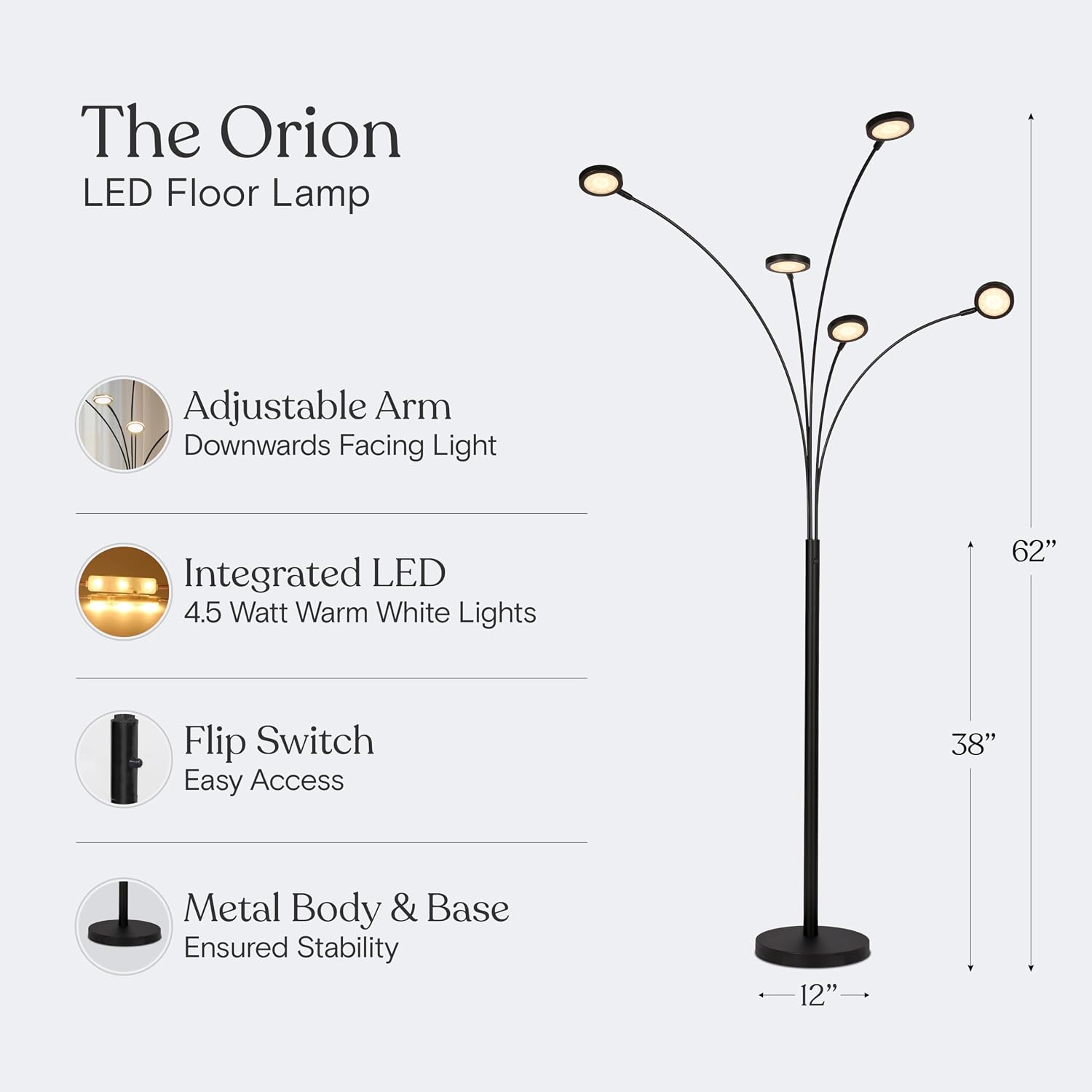 Brightech Orion Arc Floor Lamp for Living Room, Dimmable Tree Floor Lamp with 5 Adjustable Arms, Multi-Head Standing Lamp with Flexible Rotating LEDs for Bedroom - Bright Hanging Lighting - Black