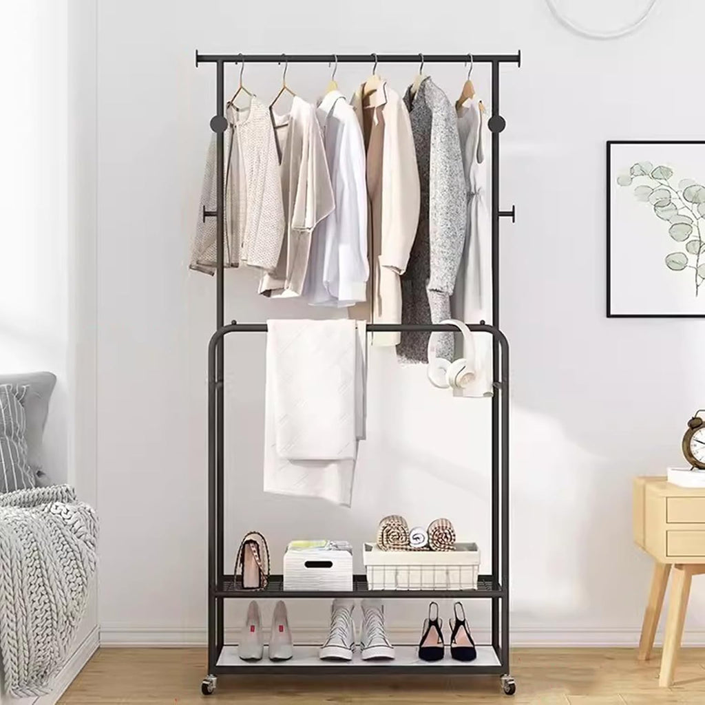 Heavy duty Garment rack Double Rods Clothes Rack With Wheels, Heavy Duty Metal Clothing Rack For Hanging Clothes, Multi-functional Coat Rack With 2 Shelves And 4 Hooks,Clothes Organi (Black 100X30X17