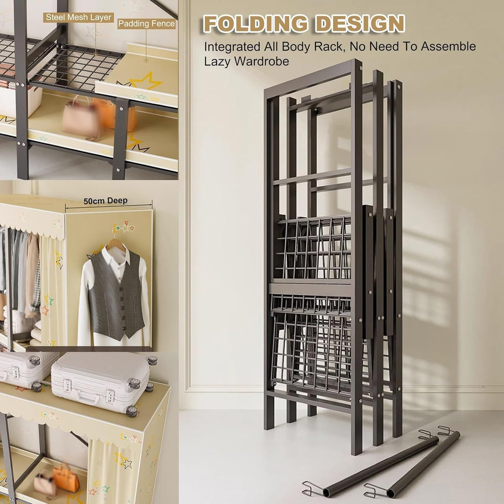 Clothing Storage Rack, Bedroom Wardrobe,Foldable Design Garment Rack,with Cotton Cover,Heavy-duty Portable Closet, Max Load 1100lbs,for Hanging Clothes (Color : Yellow, Size : 151cm)