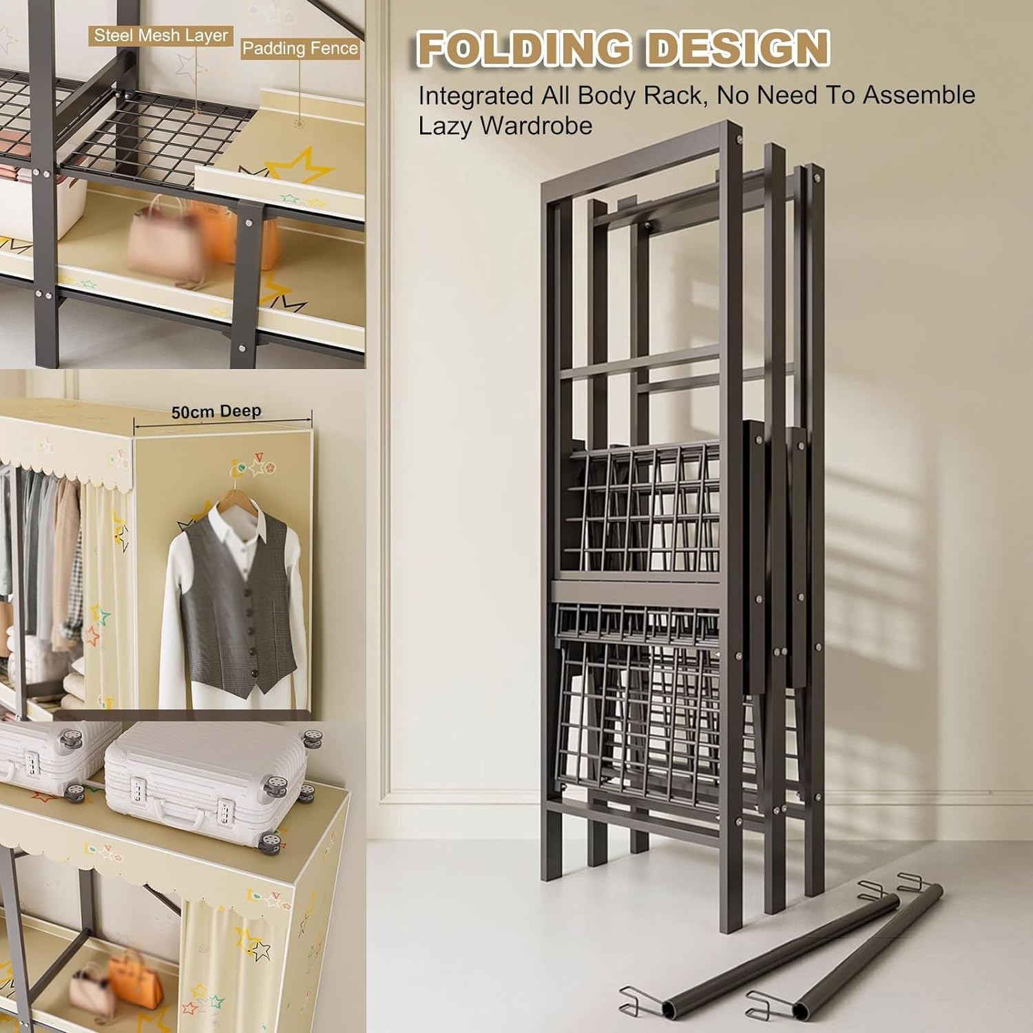 Clothing Storage Rack, Bedroom Wardrobe,Foldable Design Garment Rack,with Cotton Cover,Heavy-duty Portable Closet, Max Load 1100lbs,for Hanging Clothes (Color : Yellow, Size : 110cm)