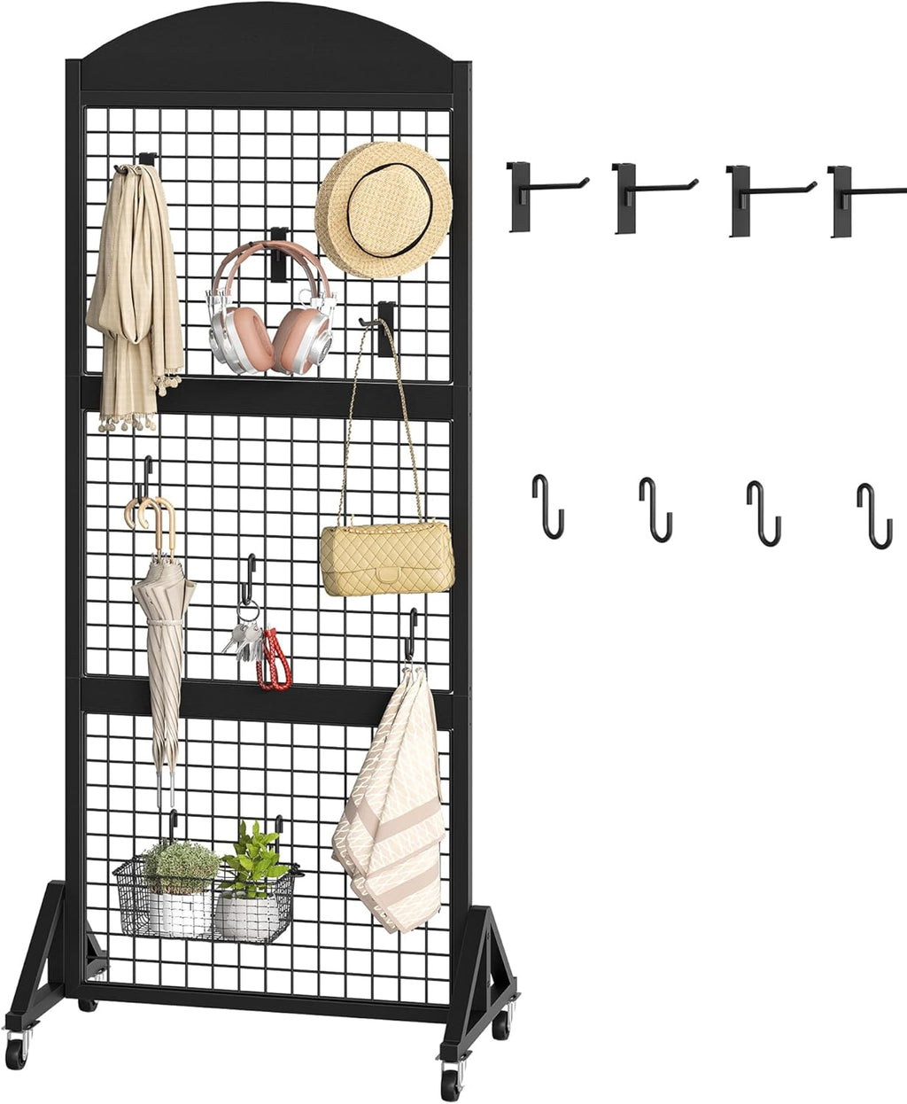 CHOEZON 2 Packs Grid Wall Panel 5.7' x 2' FT Grid Display Rack with Wheels, Movable Gridwall Display Stand with 8 S-Shaped Hooks and 8 Garment Hooks, Floorstanding Wire Grid Rack, Black TCJ17P2BB