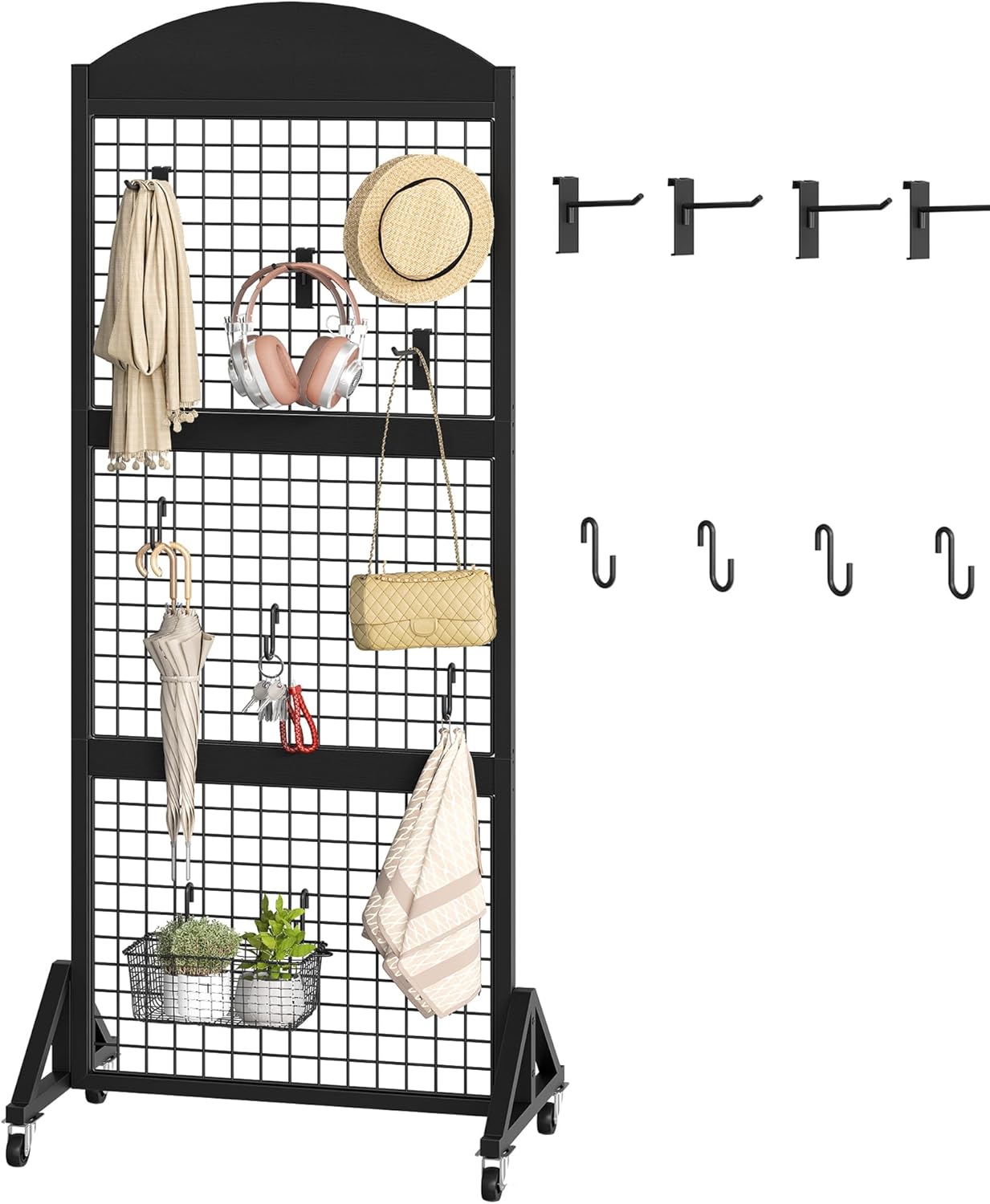 CHOEZON 2 Packs Grid Wall Panel 5.7' x 2' FT Grid Display Rack with Wheels, Movable Gridwall Display Stand with 8 S-Shaped Hooks and 8 Garment Hooks, Floorstanding Wire Grid Rack, Black TCJ17P2BB