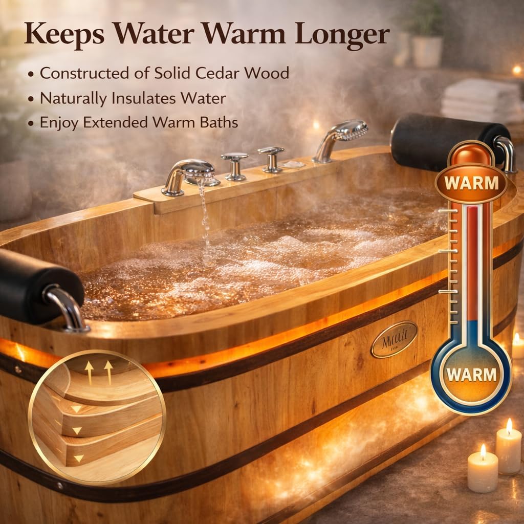 OGOLUOG Cedar Wood Soaking Tub Freestanding Wooden Bathtub with Adjustable Seat Backrest and Headrest, Adult Spa Bath Tub 47.2'–63' for Home Bathroom (NW, 55')