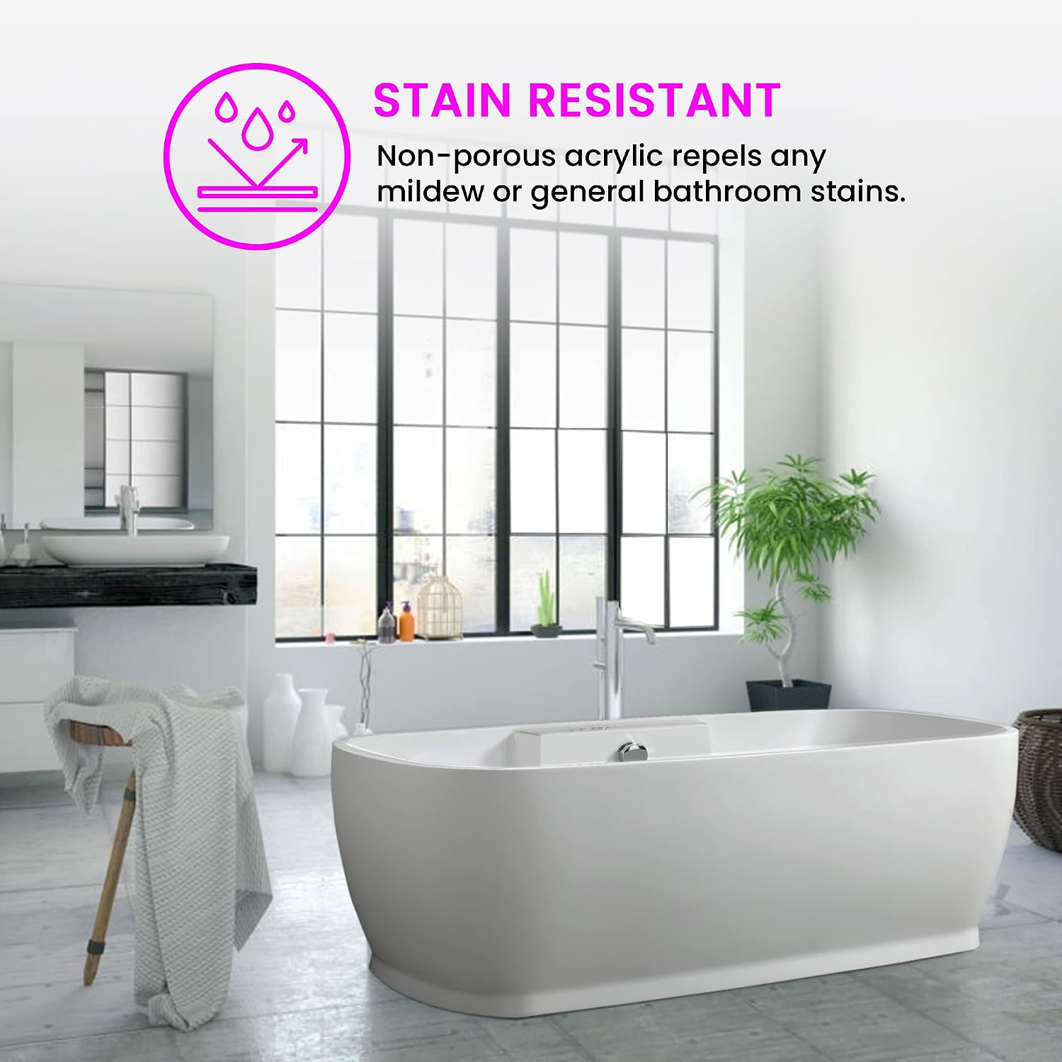 Vanity Art Freestanding White Acrylic Bathtub Modern Stand Alone Soaking Tub with Polished Chrome UPC Certified Round Overflow and Pop-up Drain (67' x 31') VA6835L