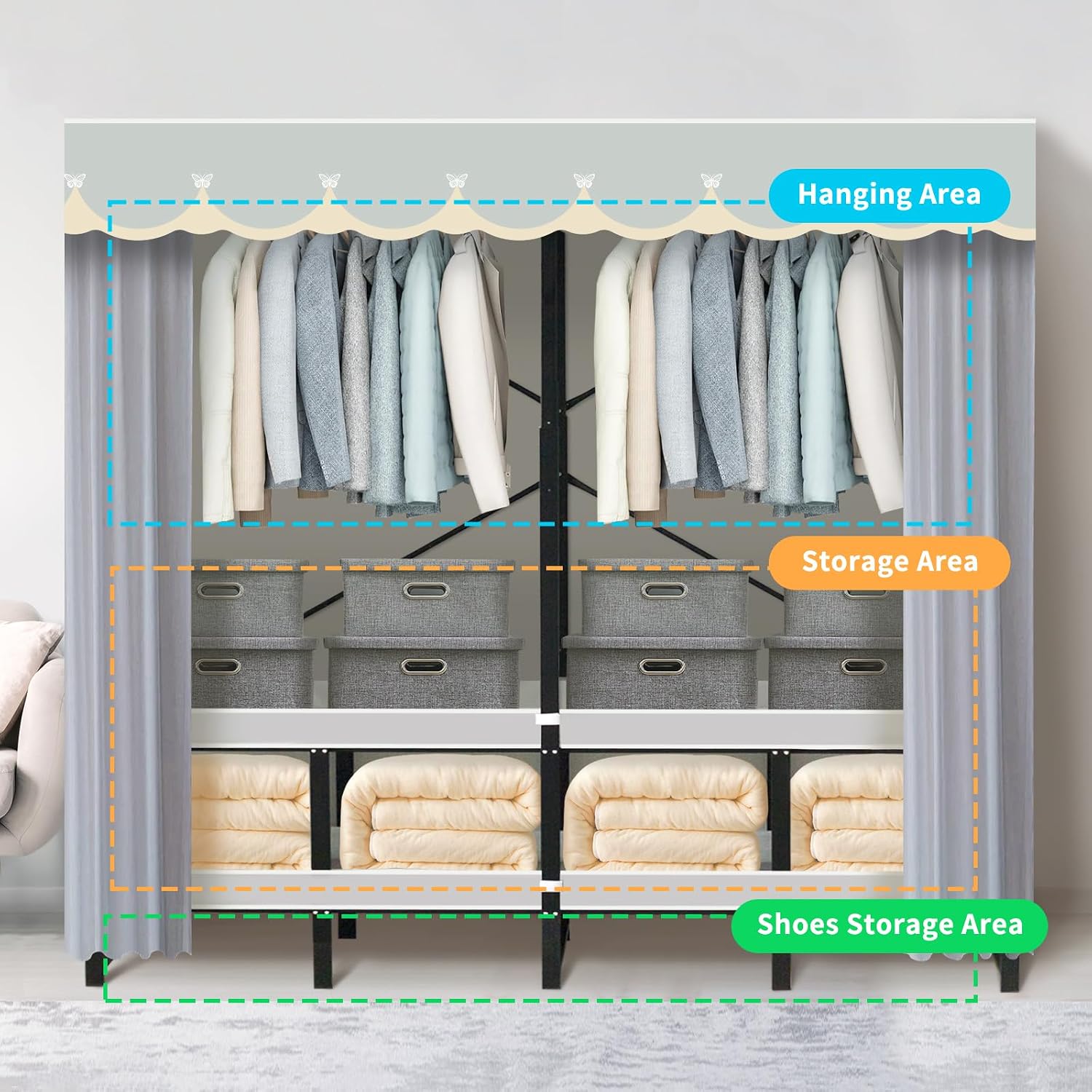 Heavy Duty Foldable Closet with Cover, Portable Closets for Hanging Clothes Freestanding Wardrobe Clothes Organizer Covered Garment Rack for Bedroom Dorm Apartment - No Assembly, Space-Saving (59in)