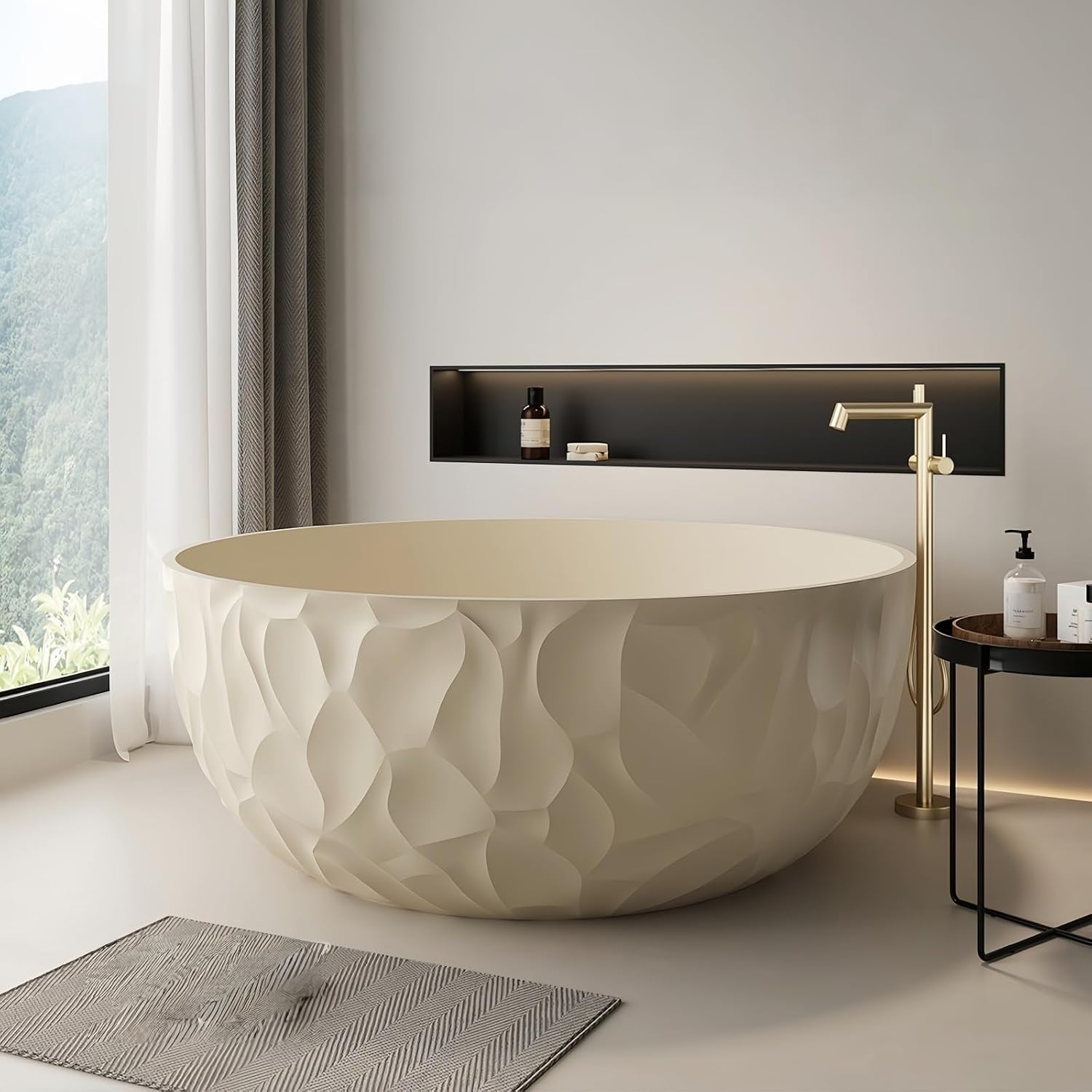 59' Edeyeu Freestanding Bathtub – Modern Solid Surface Bathtub With Ripple Design, Extra Deep Soaking Tub, Ergonomic Stand Alone Tub For Luxury Bathroom Spaces B