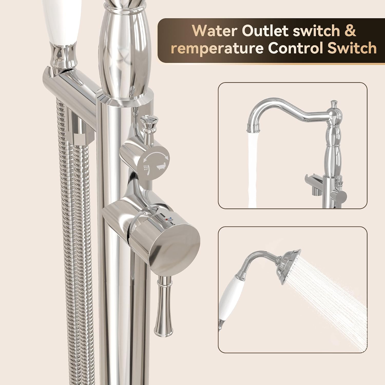 SUPERFLO Freestanding Bathtub Faucet Chrome Tub Fillers Freestanding, Brass Free Standing Tub Faucet Floor Mounted Tub Faucet With Ceramic Retro Hand Shower & Water Hose