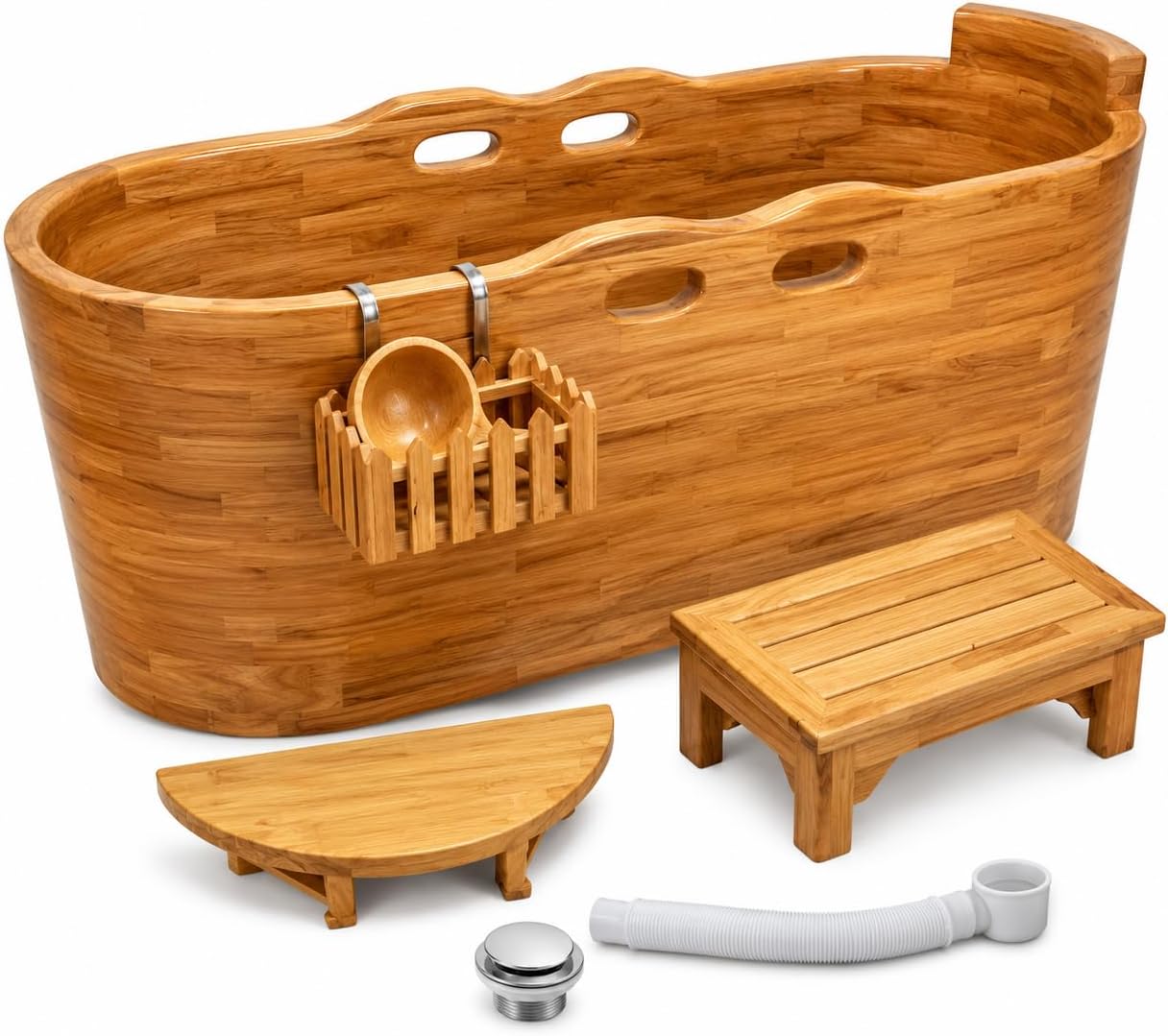 Large Wooden Bathtub Japanese Style Freestanding Oak Soaking Tub with Accessories for Adults, Home Spa and Deep Soaking Experience (wooden color, 43.3')