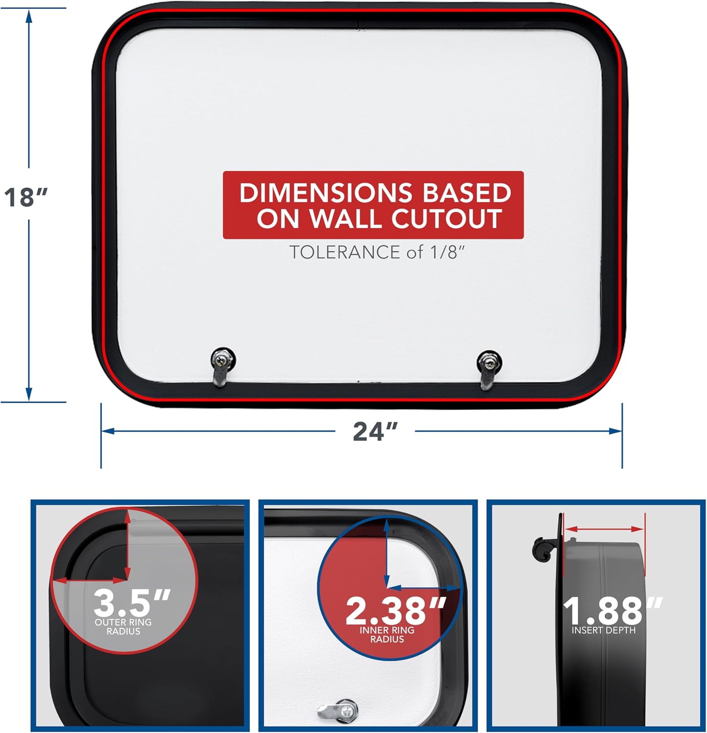 RV Baggage Door 24' Wide X 18' High with Rounded Corners and Thumblocks for RV's- Compartment Access Storage Doors with Top Hinge- Camper Trailer Motor Home- Black