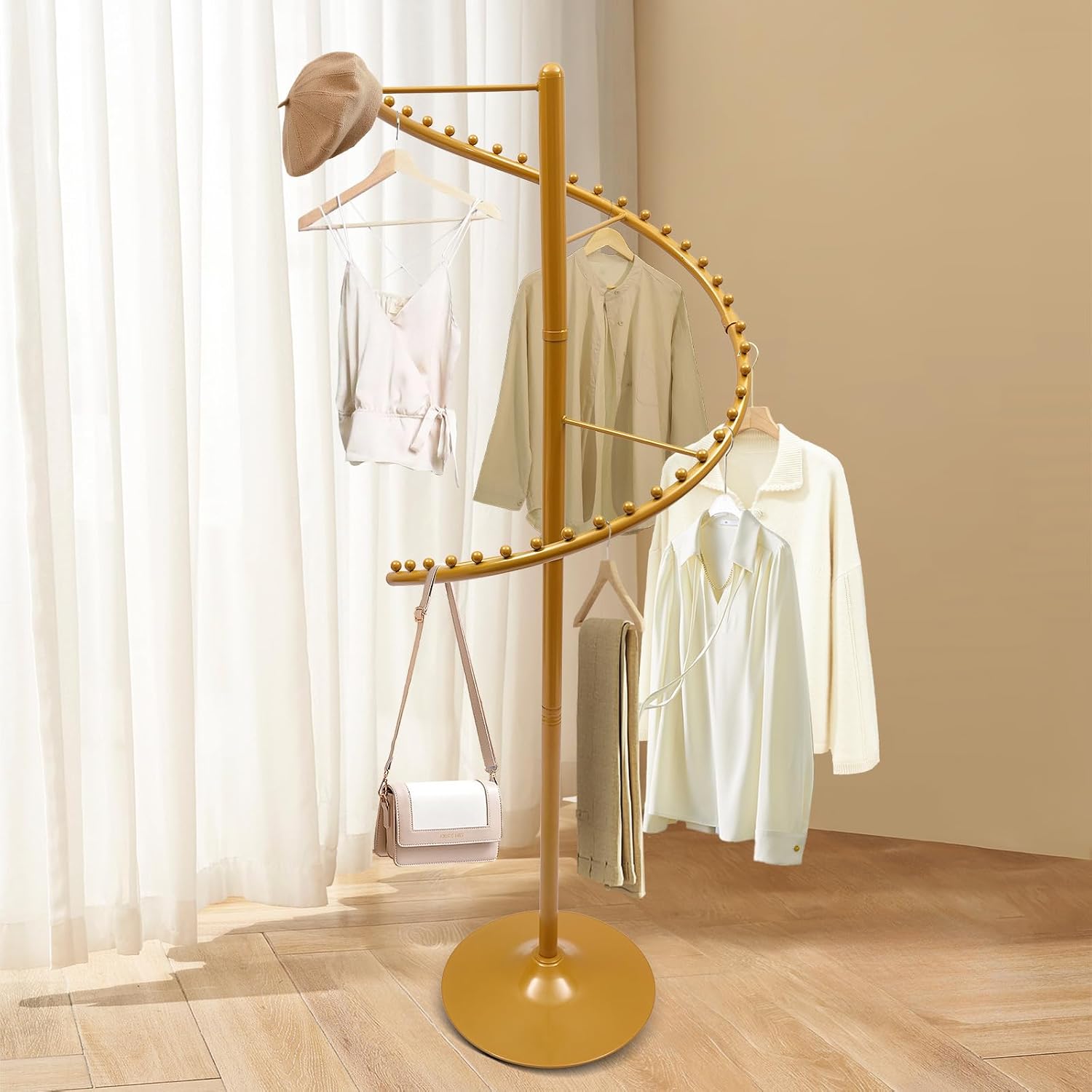 JOMCYDM Spiral Rotating Clothing Rack Heavy Duty Garment Rack Standing Scarf Holder 360 ° Metal Clothes Display Rack for Bedroom Living Room Retail Stores Gold