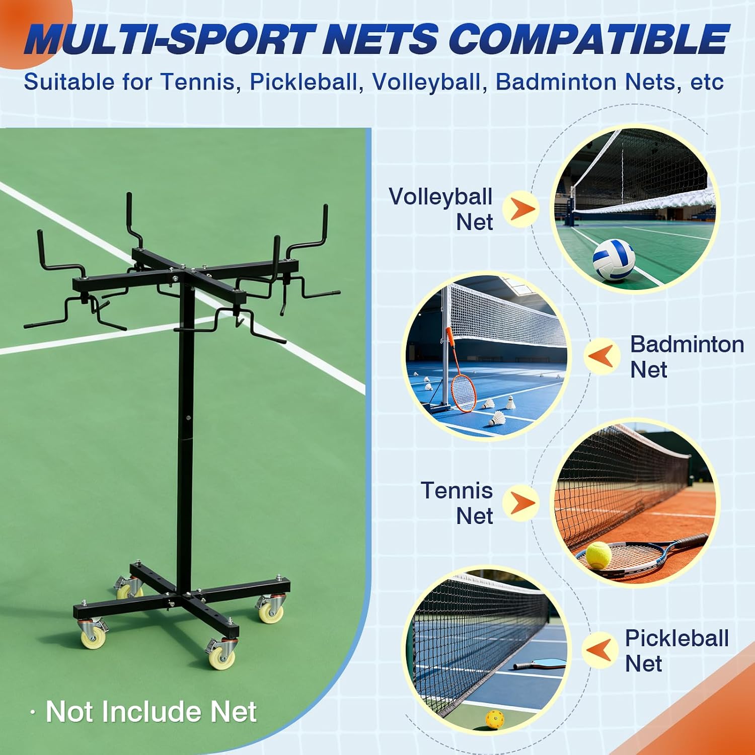 Movable Sports Net Storage Rack with Lockable Wheels, Heavy-Duty Holder for Volleyball, Tennis, Pickleball, Badminton Nets, Space-Saving Support Rack with Swivel Handle & Dust Covers