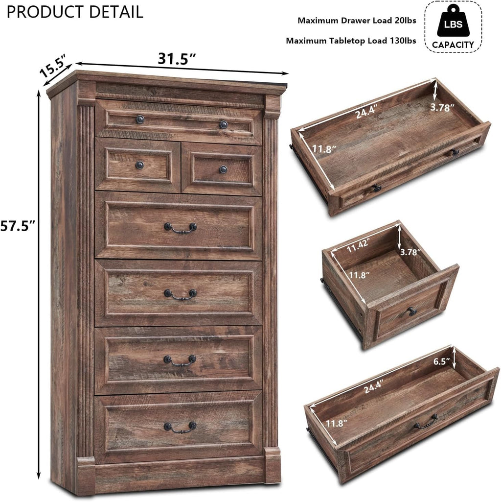 Aitjunz Farmhouse 7 Drawers Dresser for Bedroom, 57' Tall Large Dressers & Chests of Drawers w/Roman Column, Storage Dressers Organizer for Bedroom, Hallway, Living Room, Light Brown