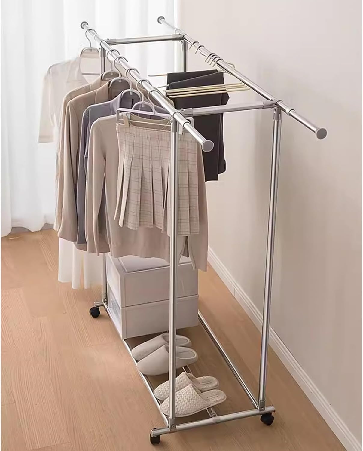 Heavy Duty Coat Rack, Garment Rack Double Rod Clothing Rack On Wheels, Extendable Hanging Rod, Heavy Duty Clothes Rail with Shelves, Portable Closet Organizer for Bedroom