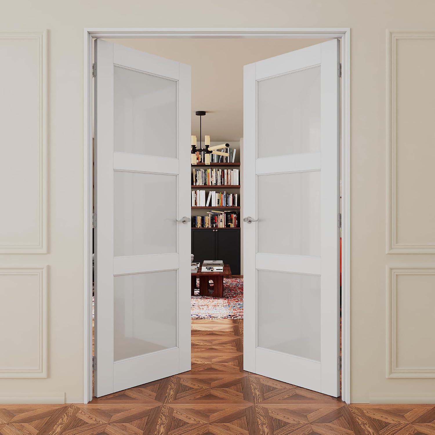 French Door 36' x 80' (Double 18' x 80') 3-Lite Frosted Glass Door Slabs with Pre-hung Jamb, Silver Hinges, Levers and Latch, White Primed, French Interior Doors with frame, Swing Double Bedroom Doors