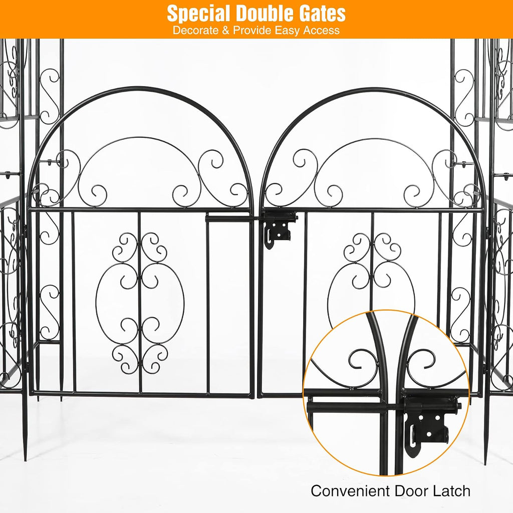 84in High Metal Garden Arbor with Gate, Heavy Duty Wide Garden Arch, Metal Arch Trellis with Gate for Climbing Plant, Wedding, Outdoor Patio Decor, Black(84'x52.4'x19')