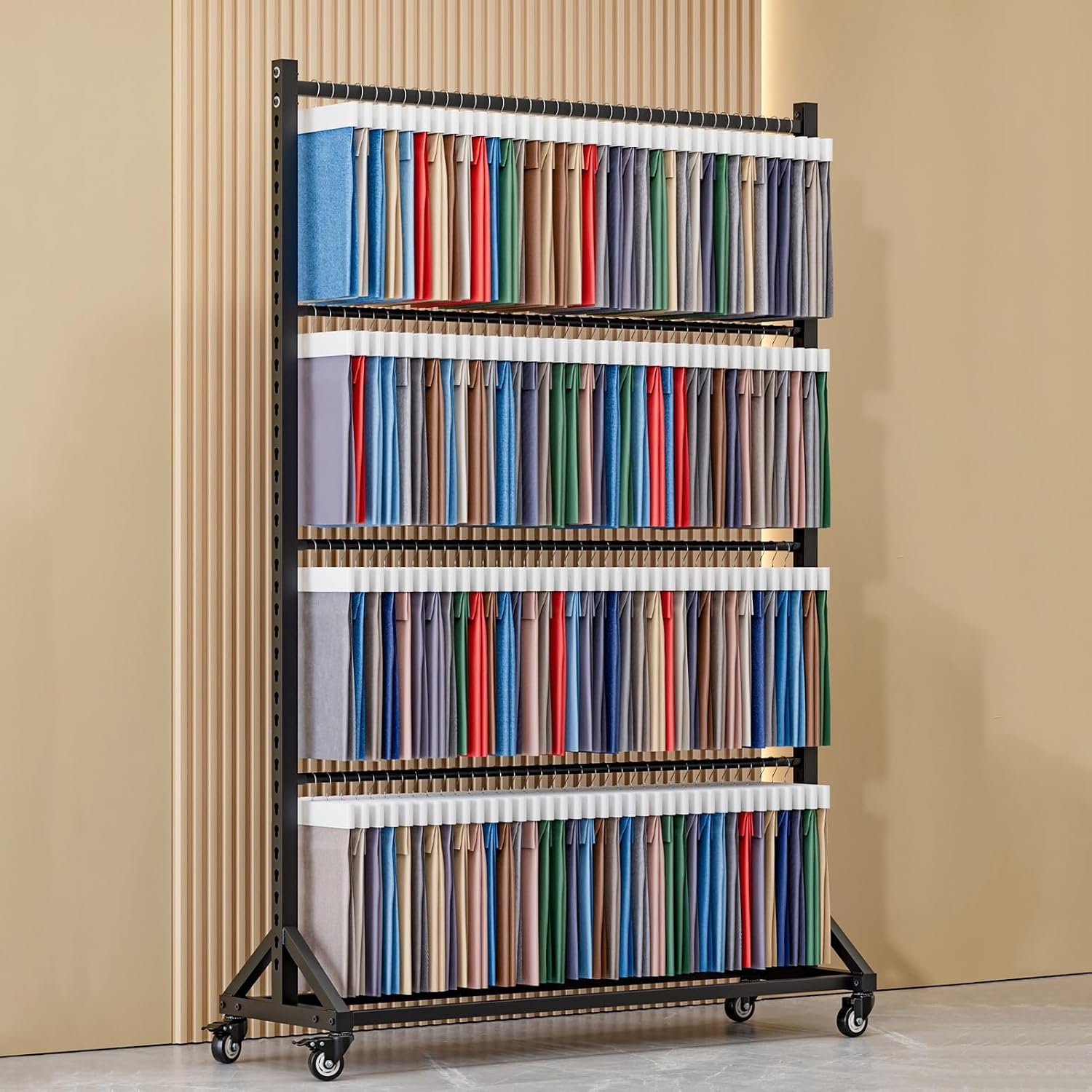 Home Textile Fabric Roll Storage Rack with Wheels, Heavy Duty Steel Mobile Shelves Metal Clothes Hanger Commercial Fabric Curtain Sample Color Card Display Rac(One Color-120x45x205cm