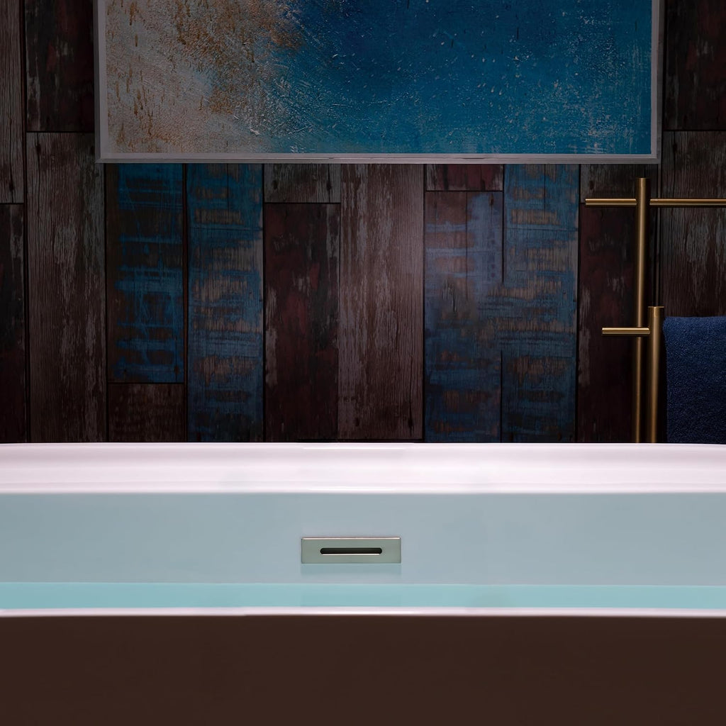 WOODBRIDGE 59' Acrylic Freestanding Bathtub Contemporary Soaking White Tub with Brushed Nickel Overflow and Drain,B0064-B/N