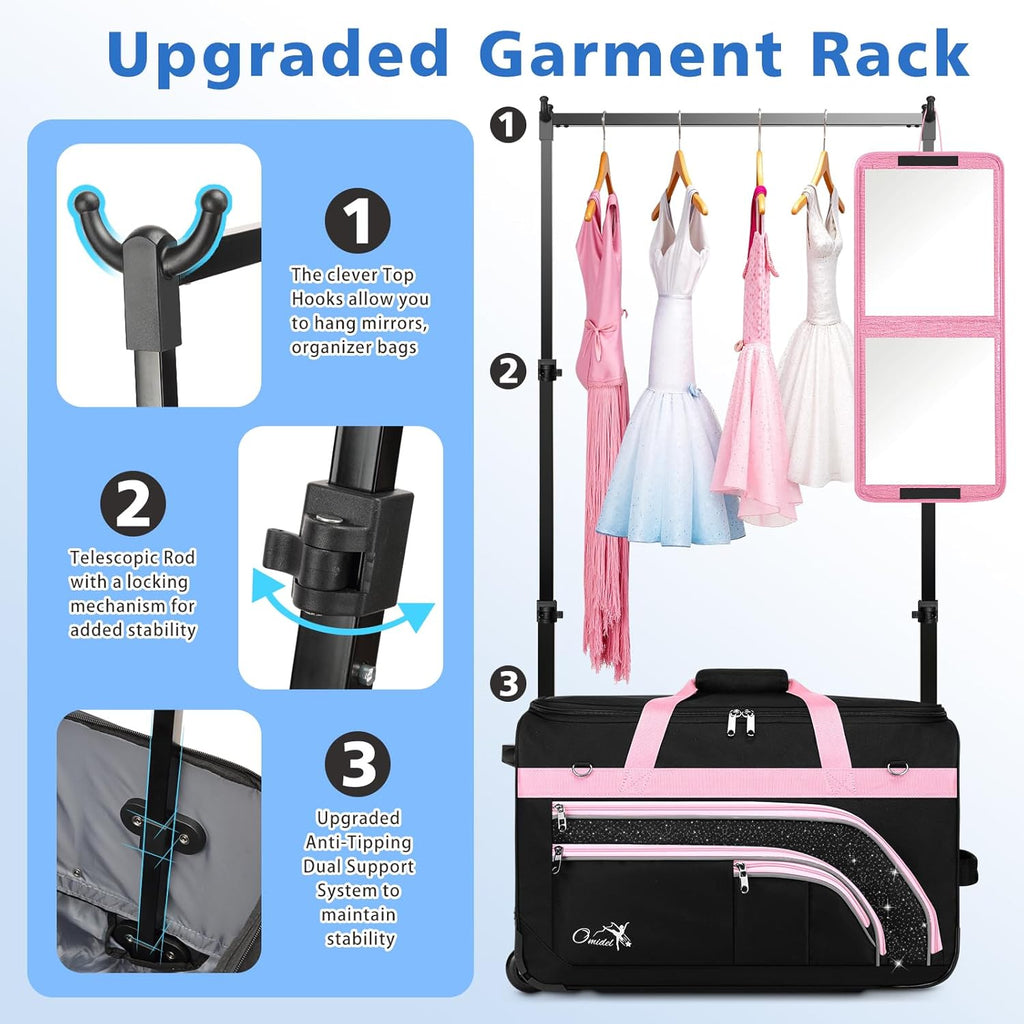 Dance Bag with Garment Rack, 23' Rolling Dance Suitcase Competition Duffle Bag with Garment Rack & Wheels | Versatile Compartments, Upgraded Stable System for Dance Shows, Travel, Cheer, Recital
