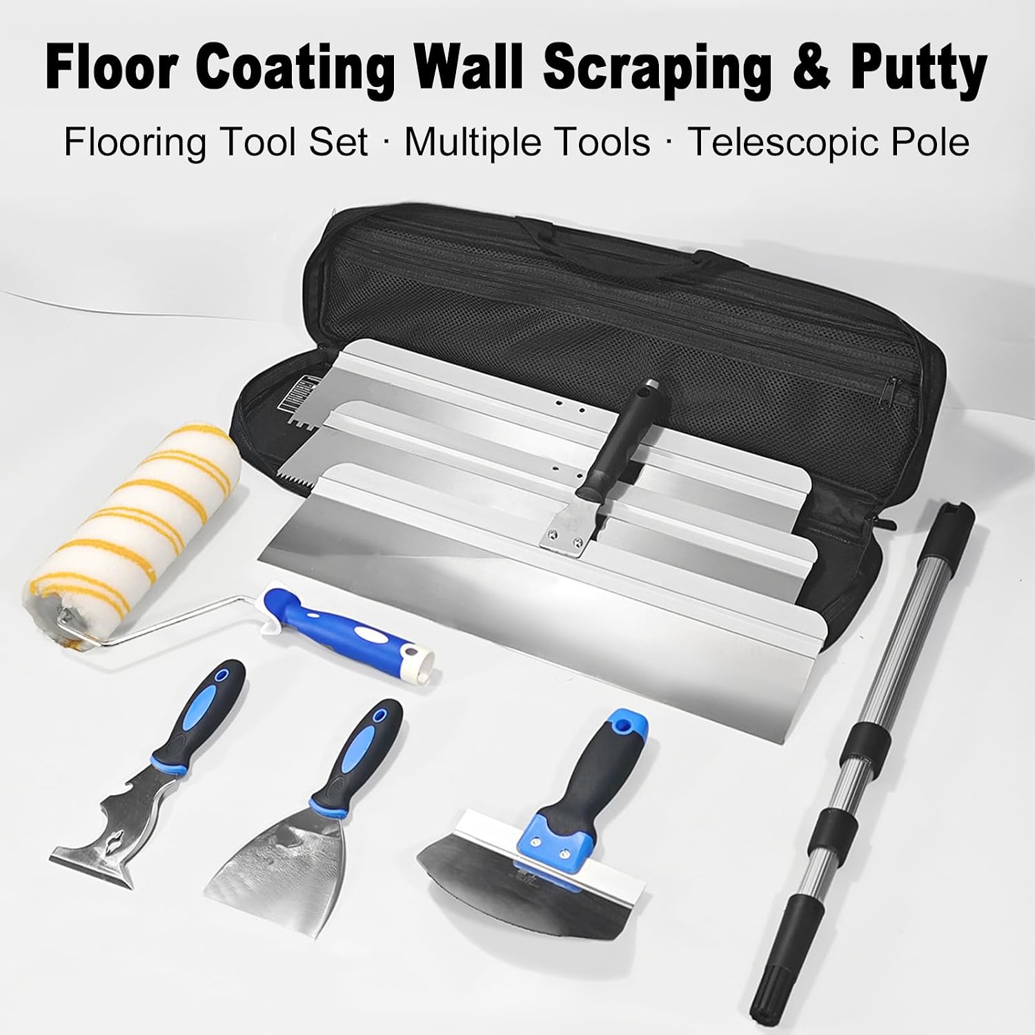 Asixxsix Drywall Knife Set, 10 Piece Stainless Steel Hand Tool Kit with Painter Scraper, Taping knife, Paint Rollers and Extension Pole for Walls, Ceiling and Trim Finishing Patching