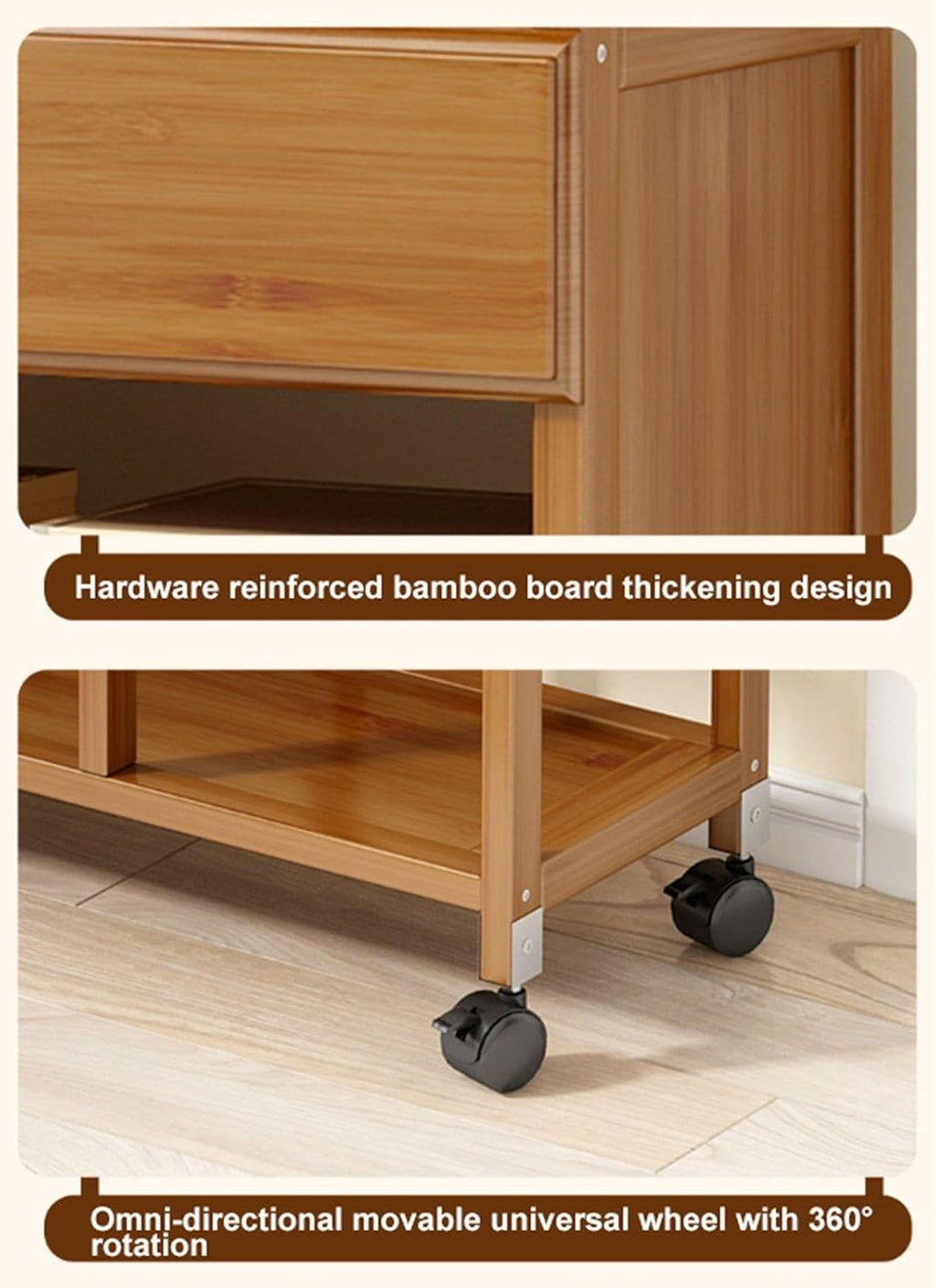 Rolling Clothes Rack with Drawer,Bamboo Garment Rack with Wheels,Freestanding Heavy Duty Clothing Hanging Rack for Entryway, Living Room, Bedroom,70cm