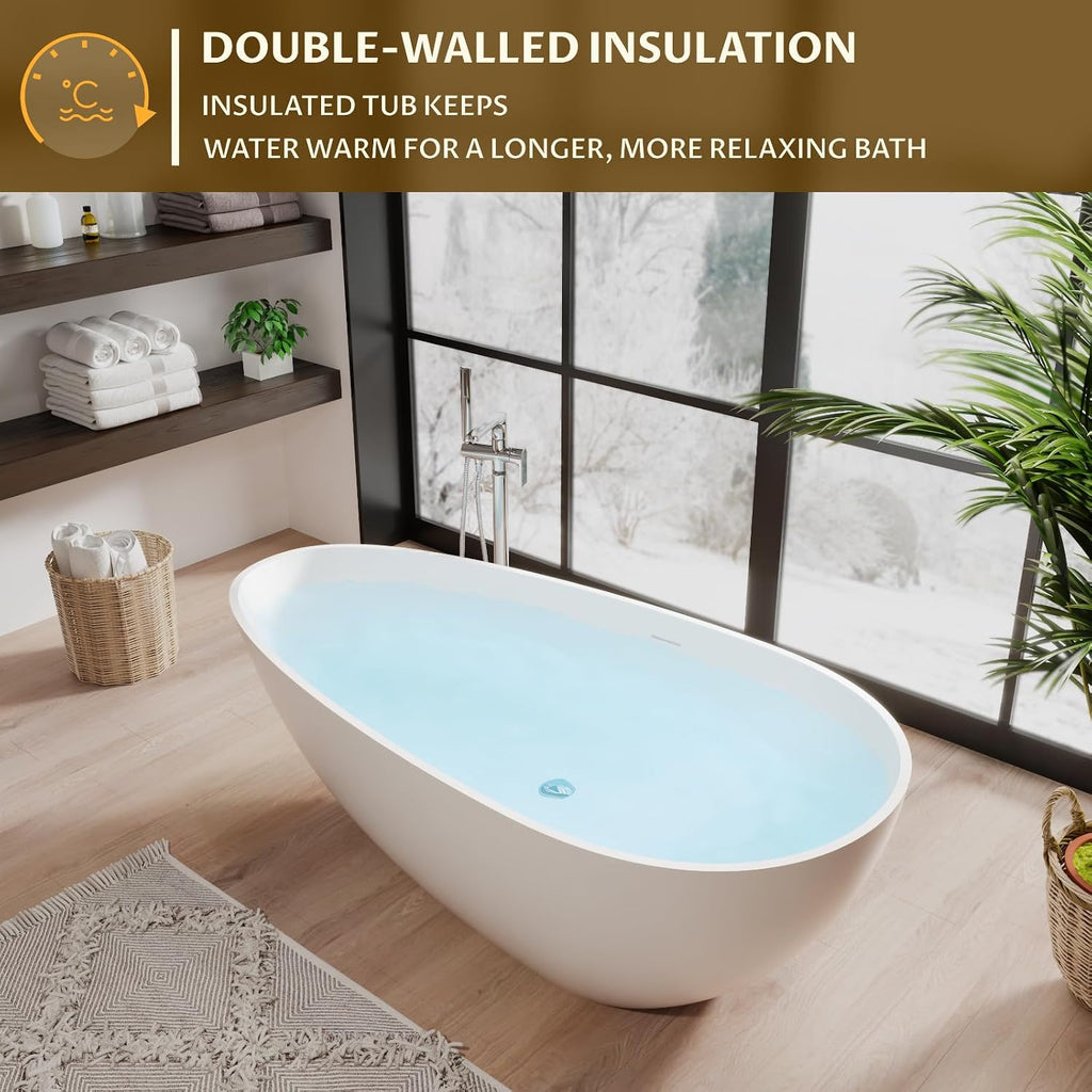 GarveeTech 67 in Solid Surface Freestanding Bathtub, Contemporary Oval Shape Soaking Tub, Egg Shell Stone Resin Stand Alone Bathtub With Pop-Up Drain and Overflow, Cupc Certified,Matte White