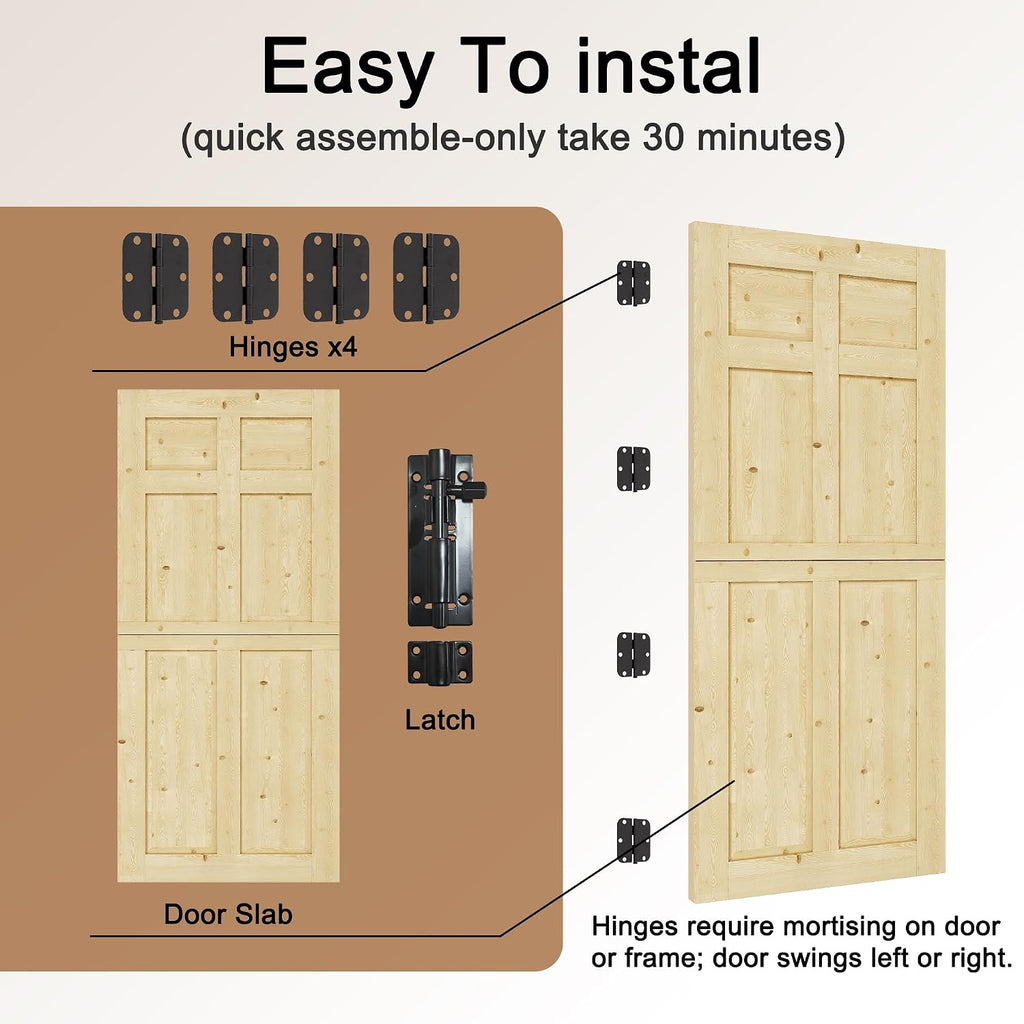 Exterior Dutch Door Slab, 32' x 80', Universal 6 Lite Panel Split Single Doors, Solid Core Home Door, Natural Pine Wood - with 4 Black Hinges & 1 Latch, Without Jamb