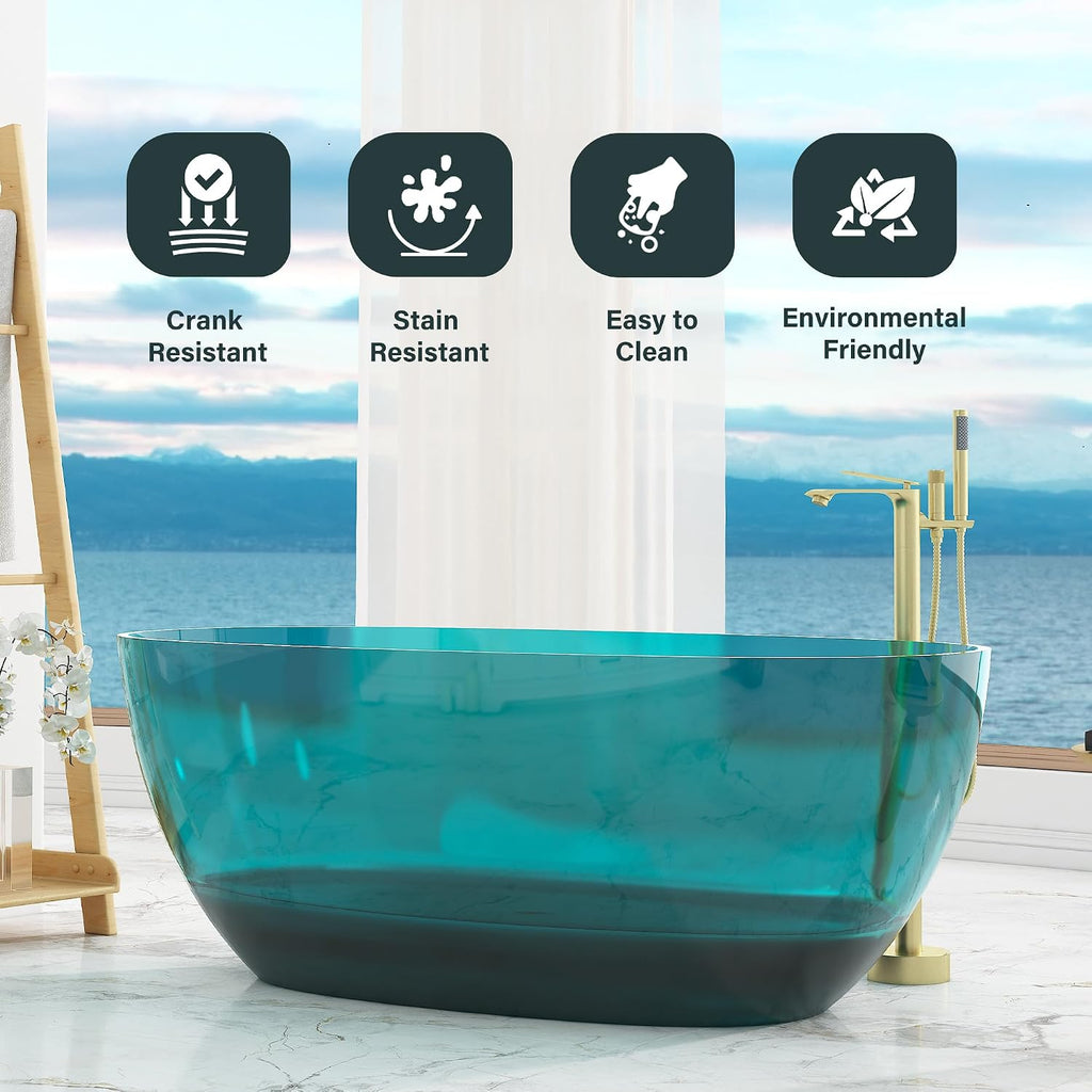 CASAINC 59' Soaking Tub Transparent Resin Freestanding Bathtub Modern Oval Design Stand Alone Tub with Pop-up Drain, 66.56 Gallons Water Storage Capacity 415 MM Soaking Depth, Transparent Sea Blue