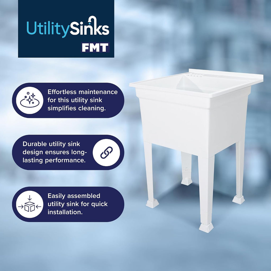 Utility Sink Heavy Duty Freestanding Utility Tub Sink with Drain Plug, Adjustable Floor Levelers & 5 Step Installation Process, 24 x 24 Inches, White