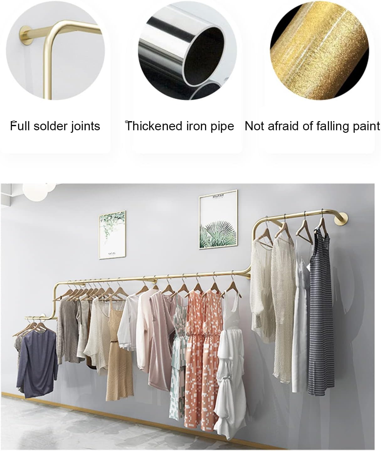 Gold Metal Garment Bracket Frame Wall Mounted Retail Clothing Rack, Heavy Duty Multi-Purpose Hanging Rod for Closet Storage - Modern Simple Commercial Clothes Racks