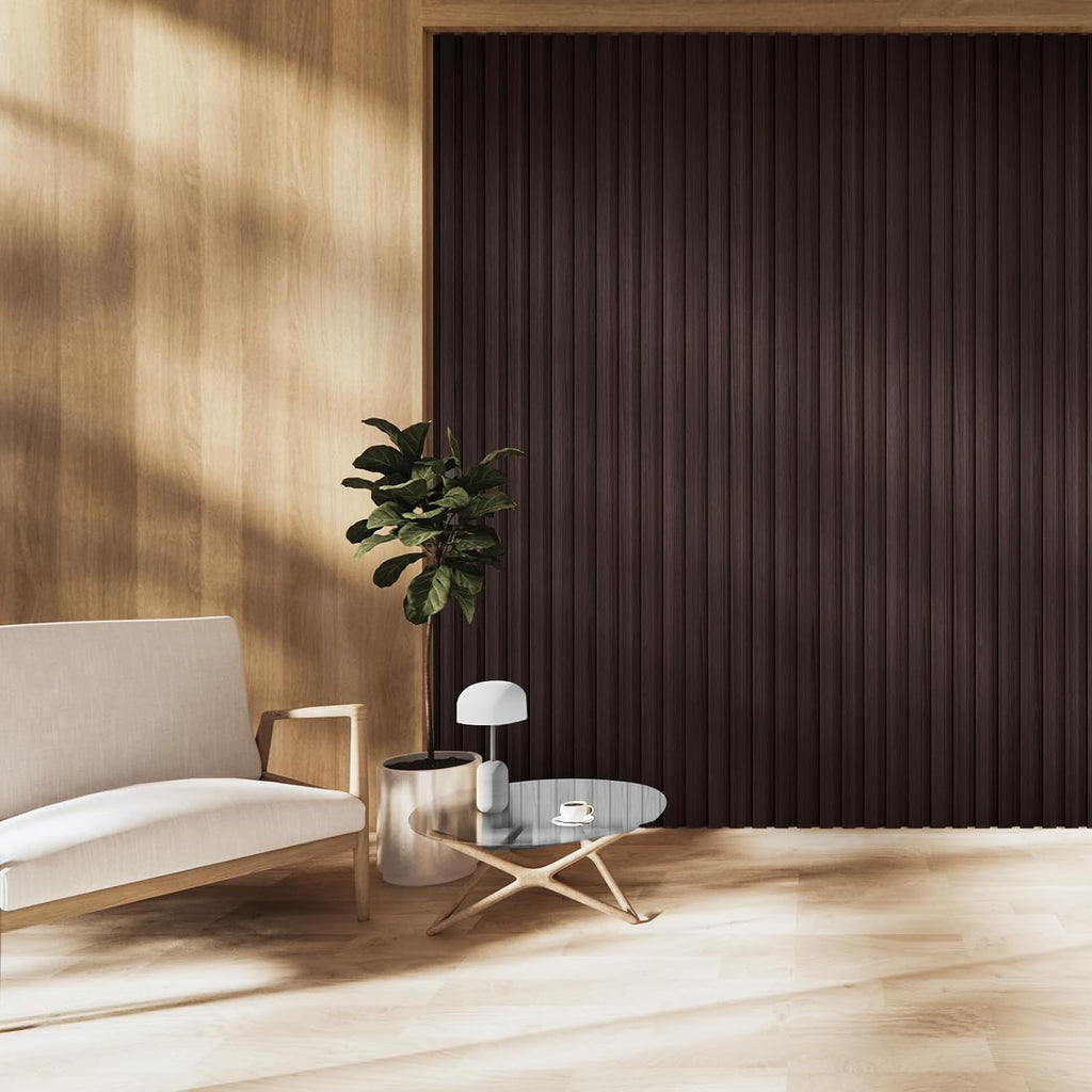 OUZUGIE WPC Acoustic Slat Wall Paneling, 8-Pack 114 x 6 Inches 3D Wall Panels for Interior Wall Decor,Living Room,TV Background,Study Room,Office Spaces,Bedroom,High Grille (Walnut)