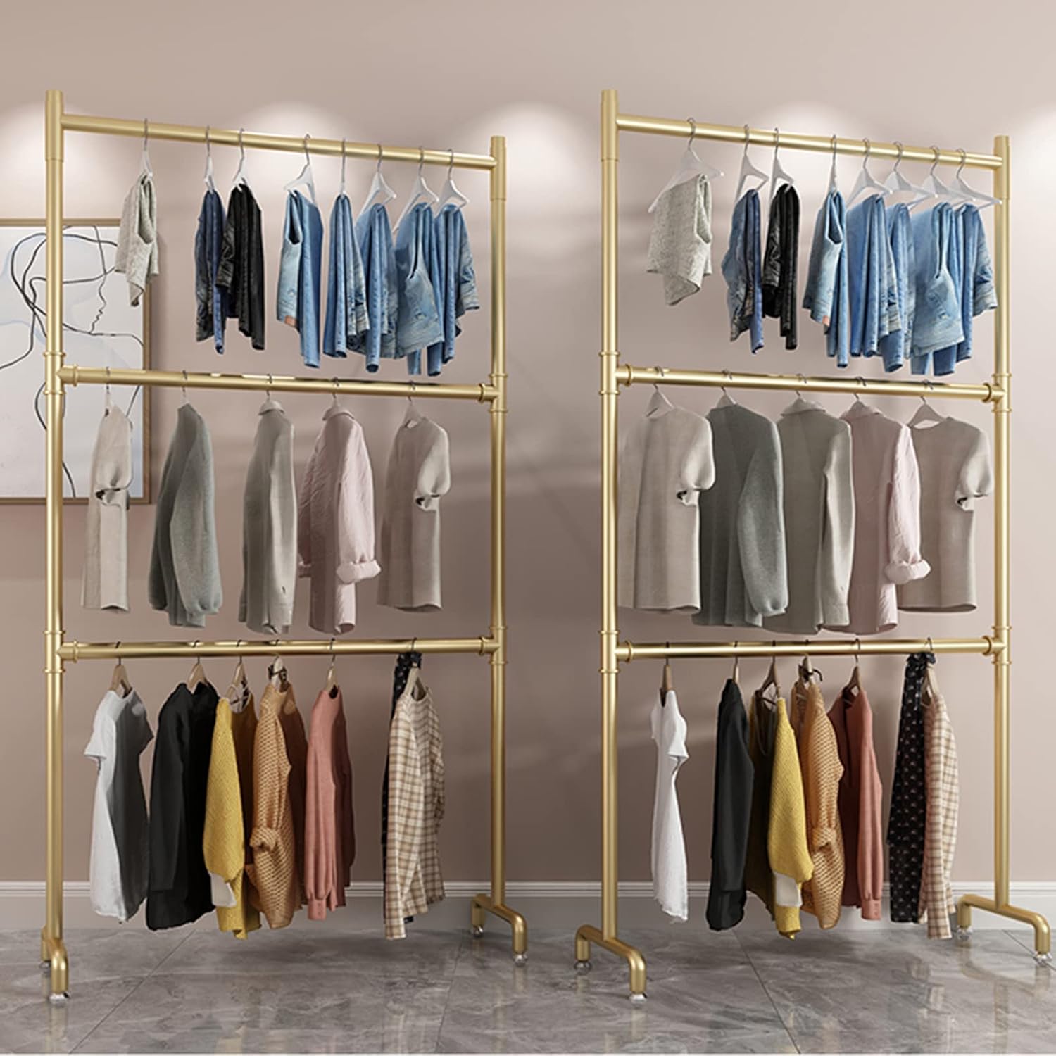 Clothes Stand, Metal Garment Rack with 3 Clothes Hanging Rail, Heavy Duty Stand Storage Shelf, for Coats, Bags, Sweaters, Shirts, for Clothing Retail Store(Size:100 * 40 * 230CM,Color:Gold)