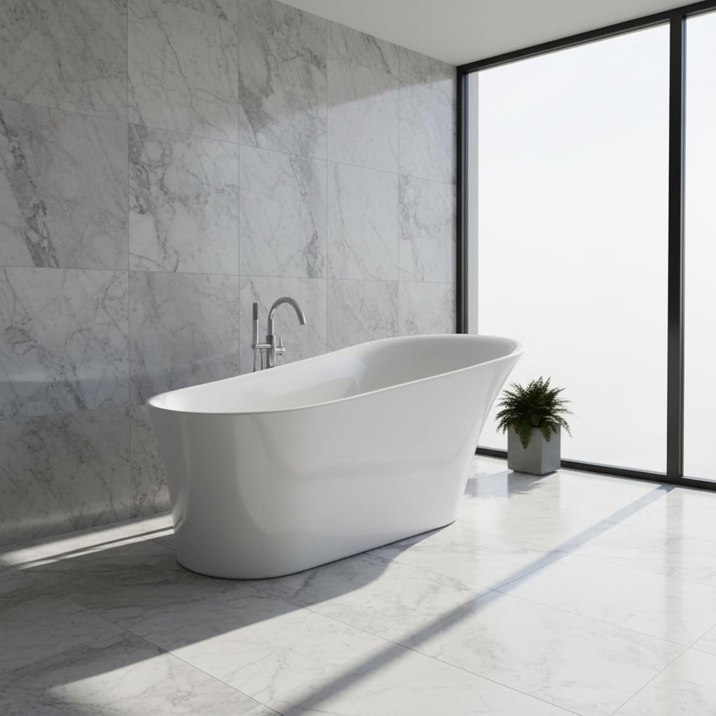 Arezzo 67' Freestanding Acrylic Bathtub with Chrome Drain, Glossy White Seamless Soaking Tub, Fiberglass Reinforced with Leveling Legs, 49 Gal Capacity