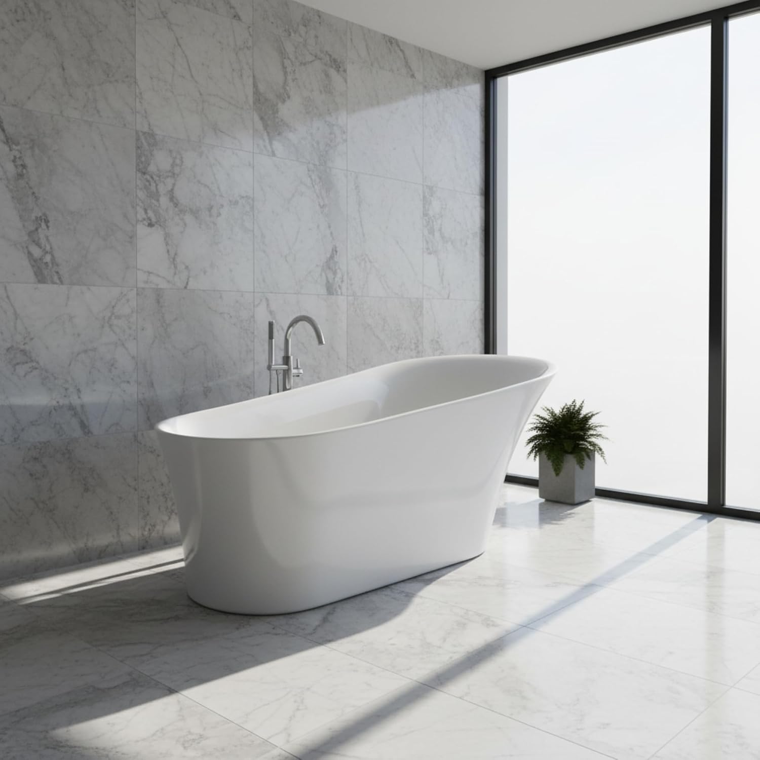 Arezzo 67' Freestanding Acrylic Bathtub with Chrome Drain, Glossy White Seamless Soaking Tub, Fiberglass Reinforced with Leveling Legs, 49 Gal Capacity