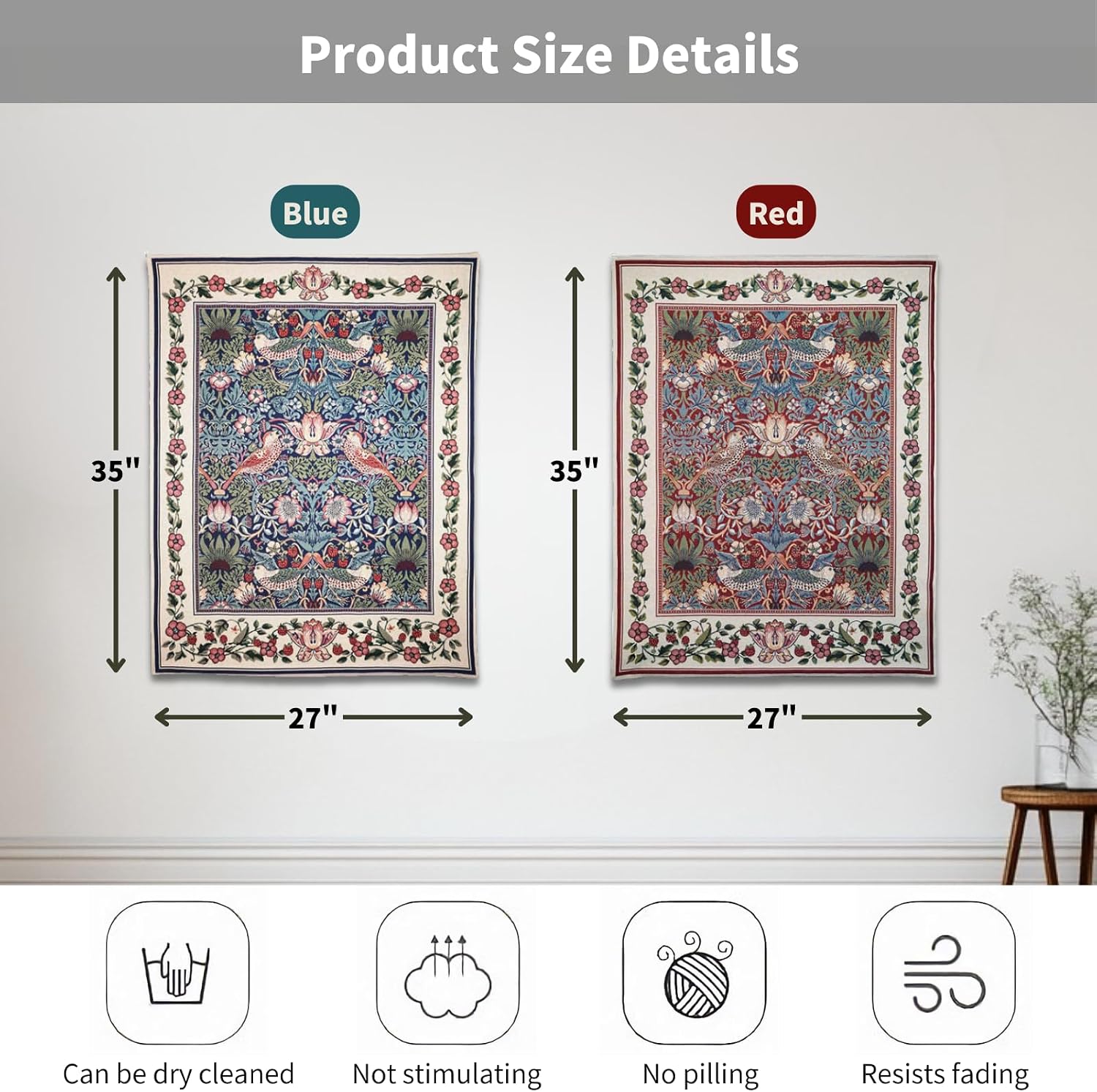 ORIMONY William Morris Strawberry Thief Tapestry - Vintage Floral Bird Art, Medieval Jacquard Woven Tapestry Wall Hanging for Living Room & Bedroom Size 27'x35' (Red)