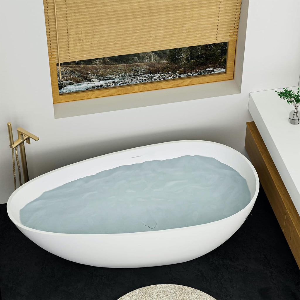 TONA 59' Stone Resin Freestanding Bathtub， Modern Egg Shell Shapes Solid Surface Soaking Stand Alone Tub, Matte White, Drain & Overflow Included