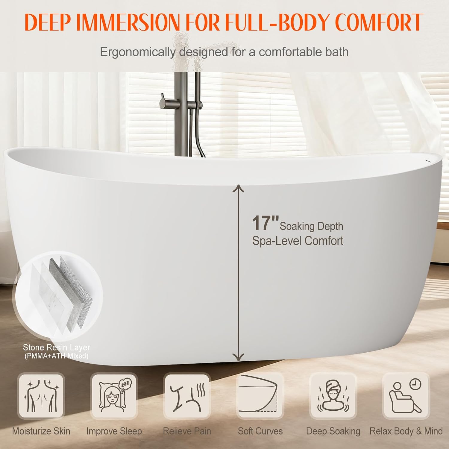 Stone Resin Freestanding Bathtubs,67'Solid Surface Matte White Upgrade One-Piece Molding 18mm Thickened & 30mm Reinforced Overflow edges Luxury Stand Alone Soaking Tub with Drain & Overflow