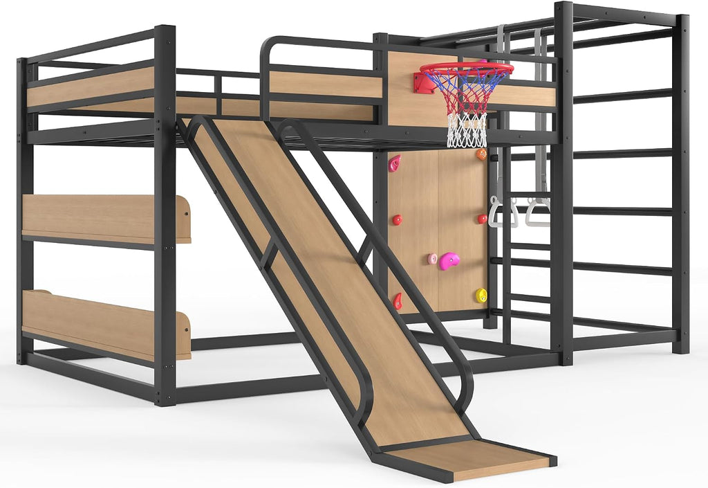 Bellemave Metal Full Over Full Bunk Bed Frame with Slide,Full Size Floor Bunk Bed and Basketball Hoop,Pull-up Rings and Climbing Wall,Heavy Duty Bunk Beds with Bookshelves for Kids Girls Boys,Natural