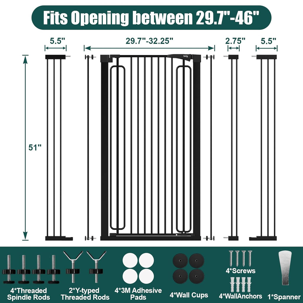 keny 51' Extra Tall Pet Gate, 29.7'-46' Wide Adjustable Cat Gate for Doorway, Hallway, Stairs, Auto-Close & Pressure Mounted, No Drilling, Black