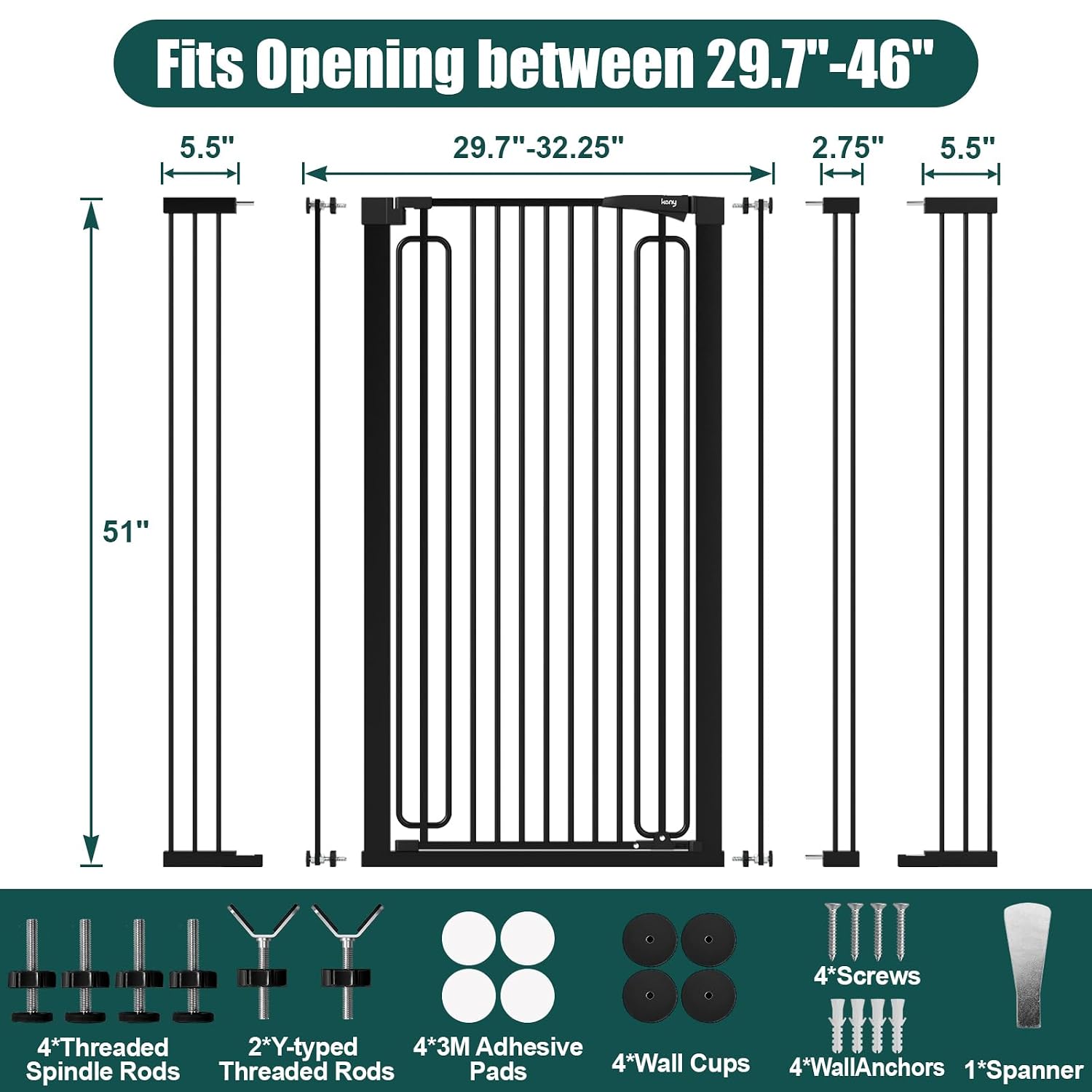 keny 51' Extra Tall Pet Gate, 29.7'-46' Wide Adjustable Cat Gate for Doorway, Hallway, Stairs, Auto-Close & Pressure Mounted, No Drilling, Black