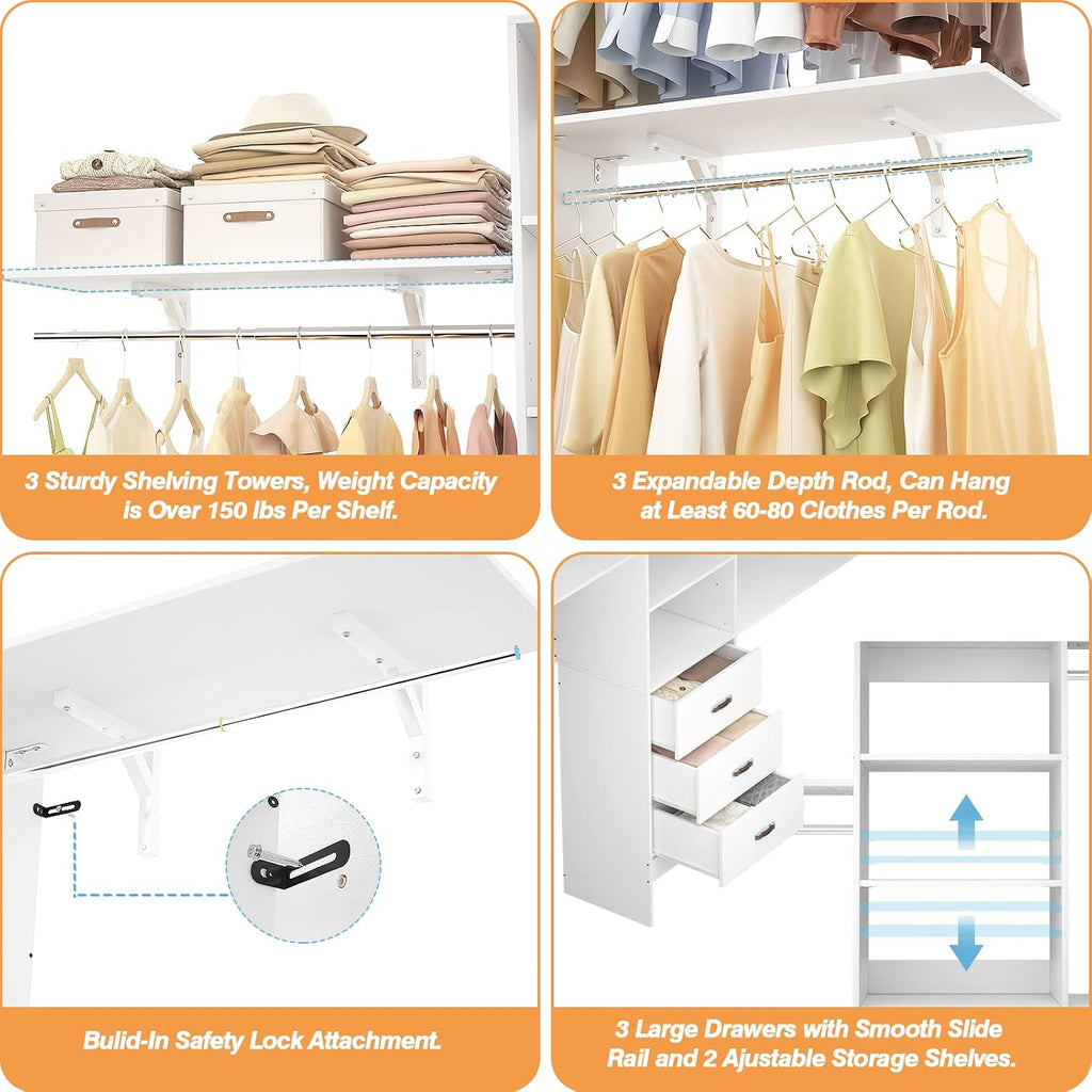 Armocity 96' Wood Closet System with 3 Enclosed Drawers & 3 Solid Shelves, 8FT Adjustable Closet Organizers and Storage, Heavy Duty Modular Wardrobe for Reach-In & Walk-In, 1000 LBS Load, White